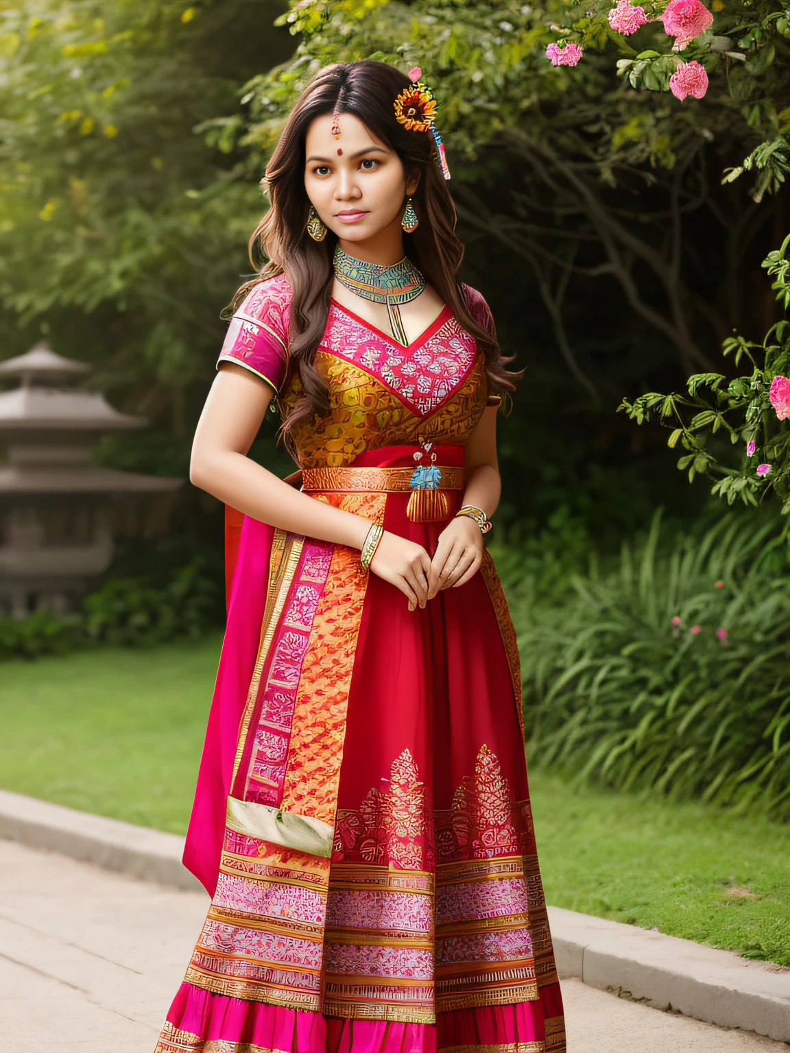 full-length photo Of A Beautiful Woman, Indian - Japanese Mixed Clothing, Vibrant, Depth of field, In Beautiful Dress, (( Natural Light)), (( Sunny Day )),(( Beautiful Clear Brown Eyes )), long Brown Hair, (( Unique Hair Ornament )), In Centre, (( Photorealistic )), DSLR, Highly Detailed, 4k, Extreme Details, Realistic, (( Wide Shot )), full-length photo, full-body shot, Unique Design Patterns, Indian Design Pattern, Floral Pattern Indian Style, (( colorful ))