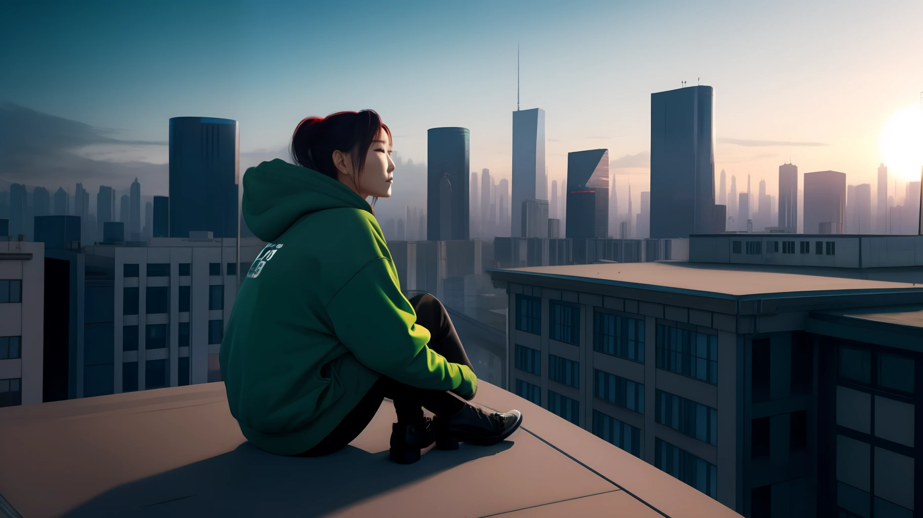 Asian woman sitting down, wearing a hoodie, green eyes, on a cyberpunk city rooftop,  8k, beautiful, vibrant, trending on artstation, high quality, extremely detailed, 4k, high heels, looking at viewer