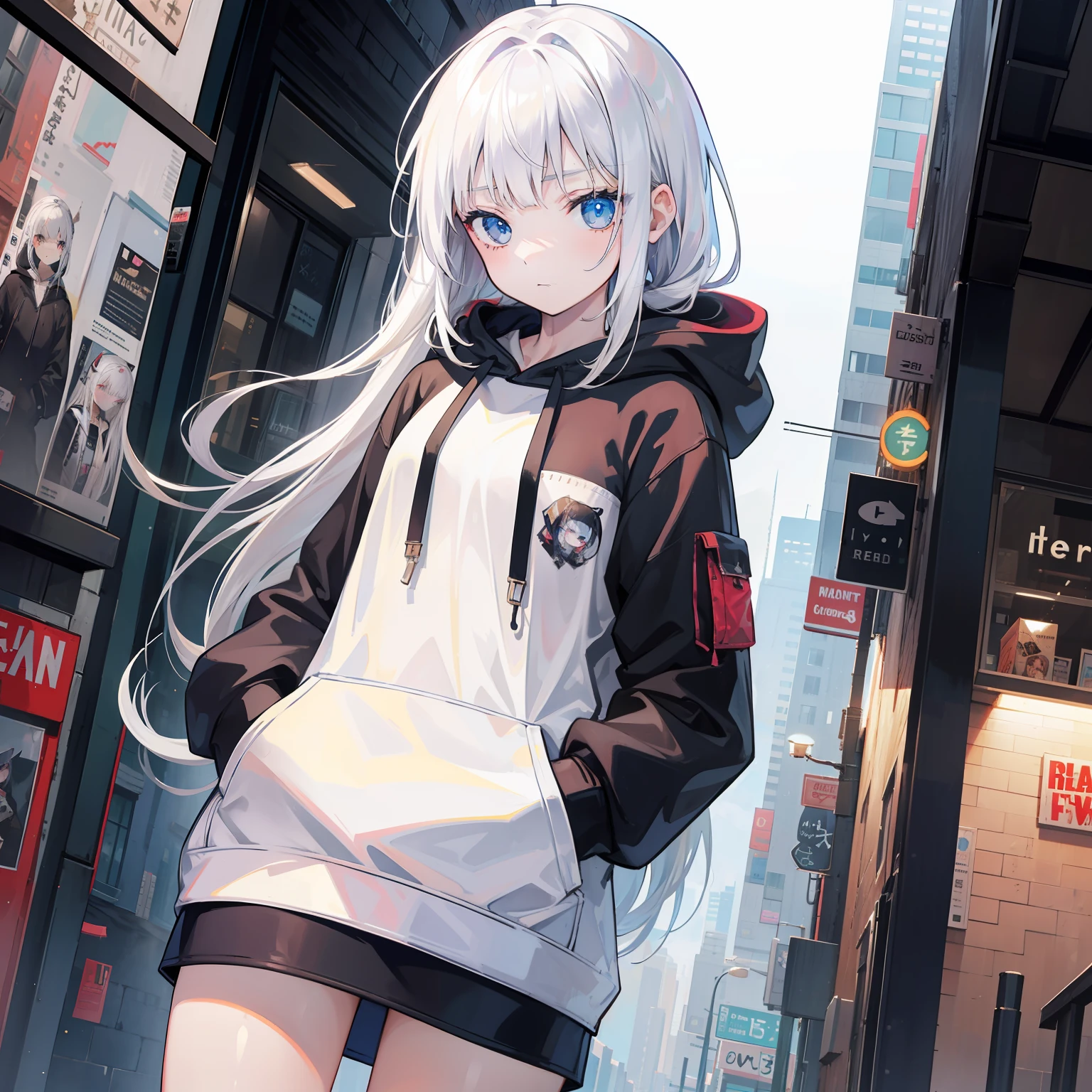 1girll, Small breasts,stitched face, patchwork skin, Closed mouth, Long_Hair, A cold face,City,street, White hair, ,stitched_face,Patchwork_skin,Cowboy shot,( Hoodie),(Hand in pocket),Wear a sweatshirt underneath