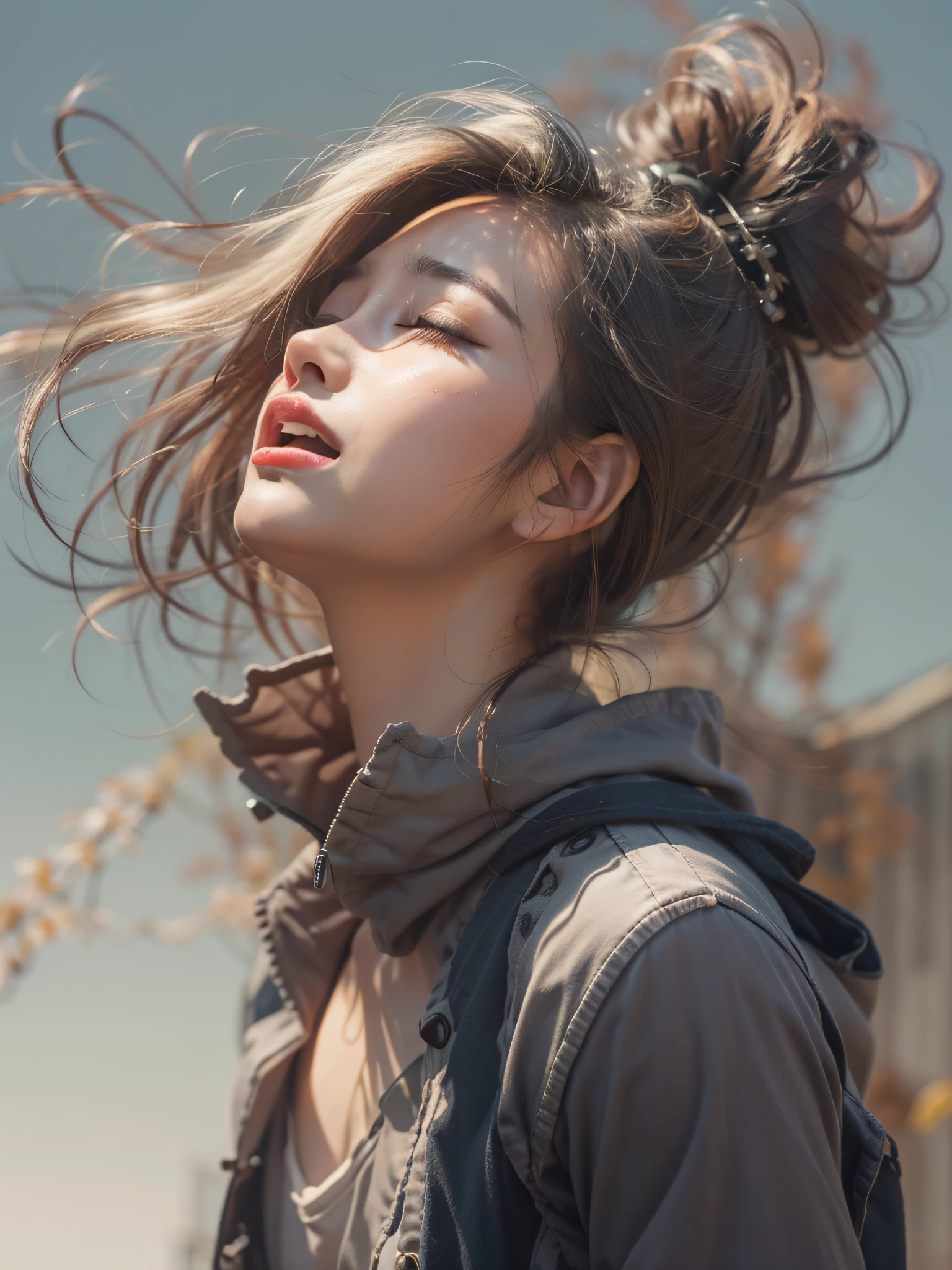 one girl,Close eyes):2.0, (Open mouth):1.5 Real numbers、8yk、Raw photo、(masuter piece)、(top-quality)、Hi-Res、((Looking Up))(girl with)、(realisitic、Photorealsitic1.5), Upper body、Ponytail,Sleeveless、skinny、14years、small tits、Eyes closed、Deep sadness、Sorrow、look up sky、Open mouth、screeming、Background blur