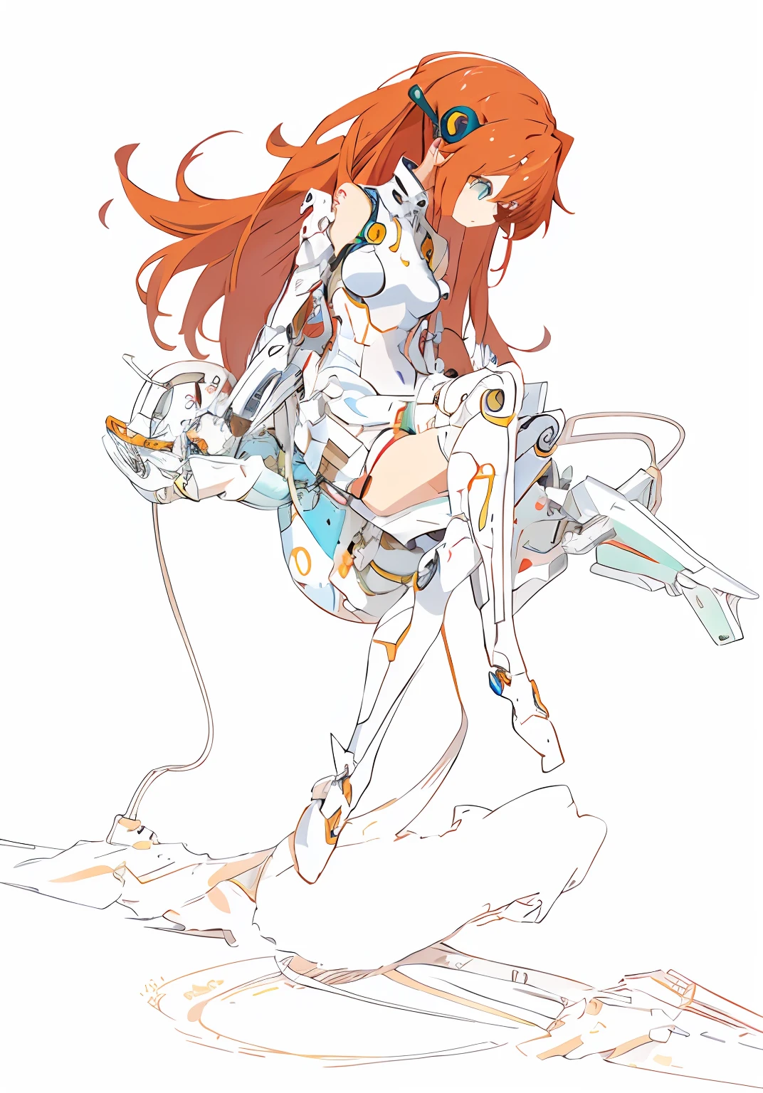 Anime character with robot arms and legs, inspired by Krenz Cushart, studio gainax illustration, by krenz cushart, anime cyborg, anime robotic mixed with organic, studio gainax art, Gainax anime style, fully robotic!! girl, Perfect Anime Cyborg Woman, Asuka Langley, fully robotic!! catgirl, White biomechanical details
