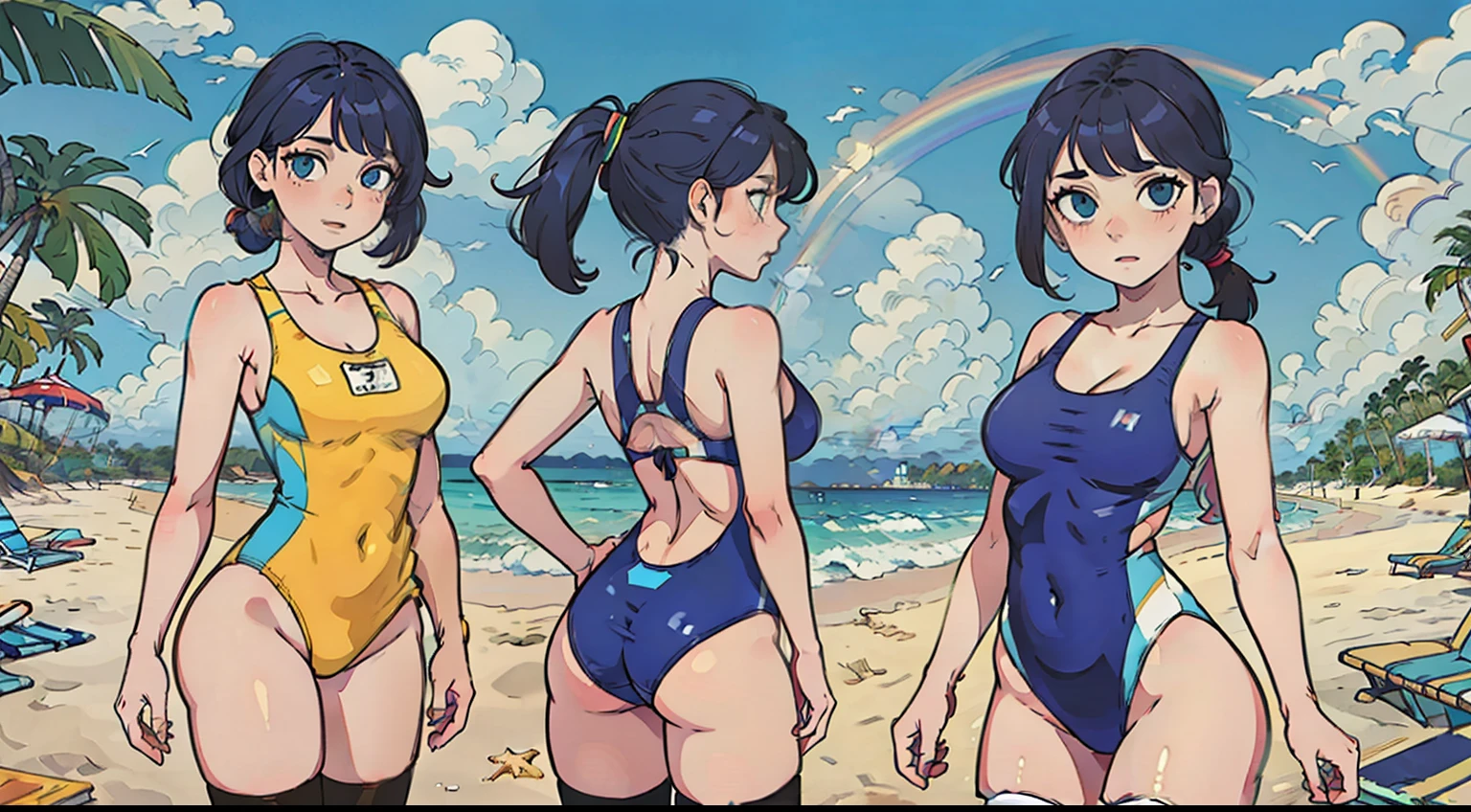 (masterpiece), best quality, expressive eyes, perfect face, One-piece swimsuit, Pull, Rainbow Ponytail hair, Vibrant, A Tall Woman, Beach, Thigh Highs