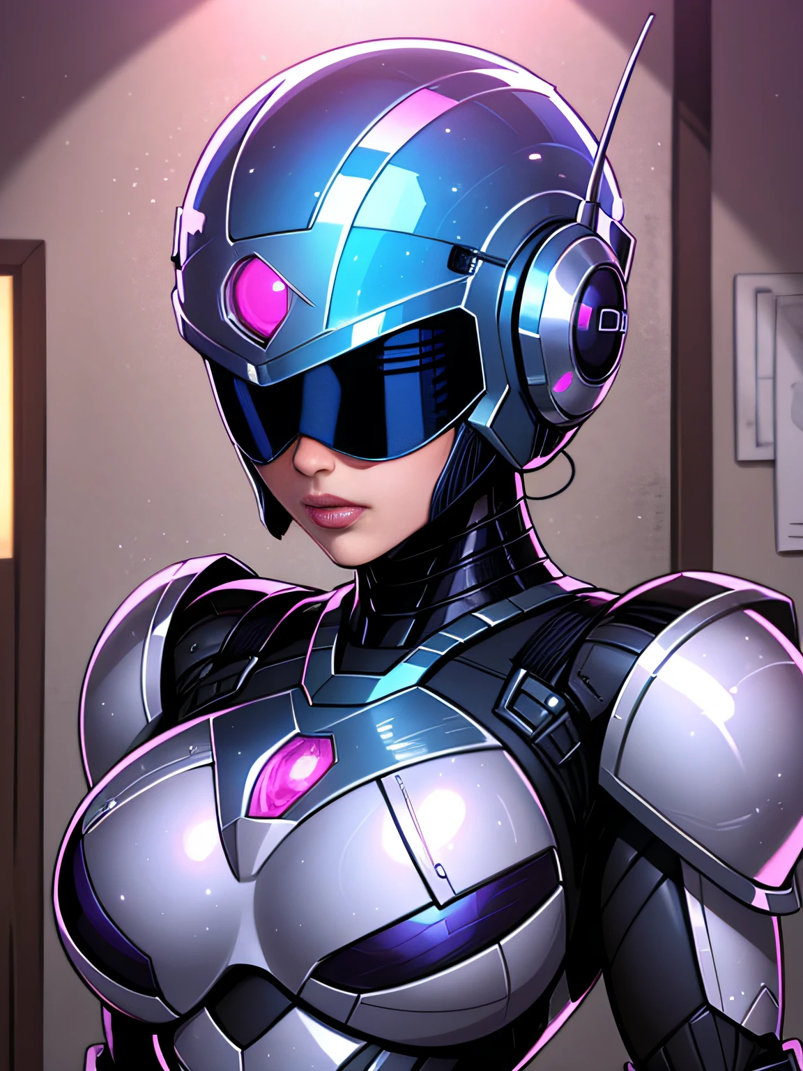 Female RoboCop、large chest、Helmet that hides the eyes、Iridescent armor