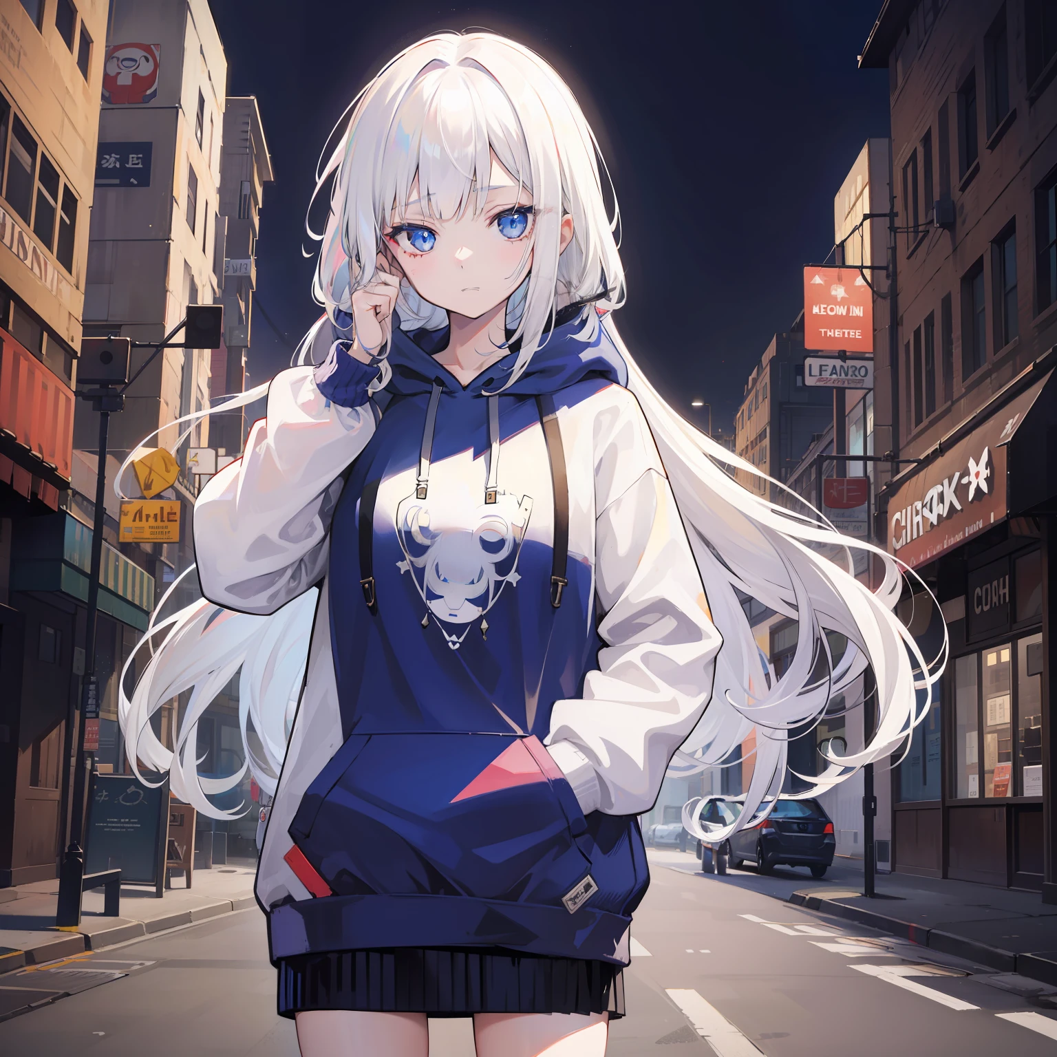 1girll, Small breasts,stitched face, patchwork skin, Closed mouth, Long_Hair, A cold face,City,street, White hair, ,stitched_face,Patchwork_skin,Cowboy shot,( Hoodie),(Hand in pocket),Wear a sweatshirt underneath