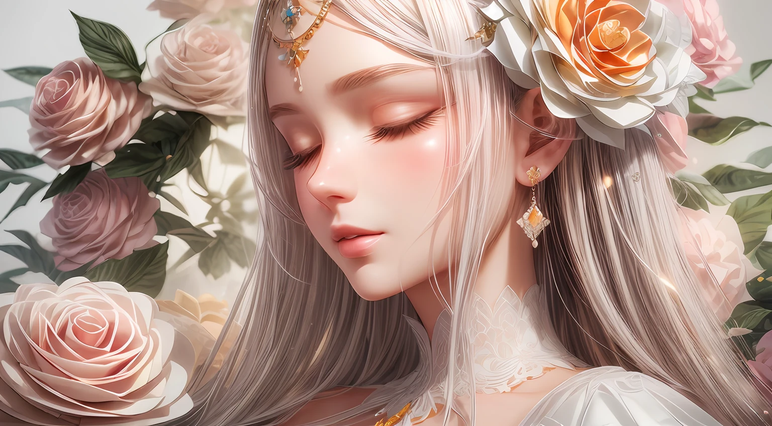 (illustration:1.3),paper art, 3D rendering，White background，(Beauty side face,close eyes:1.3)，（camellia：1.2）, Colorful, Best quality, Detailed details, Masterpiece, offcial art, Cinematic lighting effects, 4K，chiaroscuro, sparkle