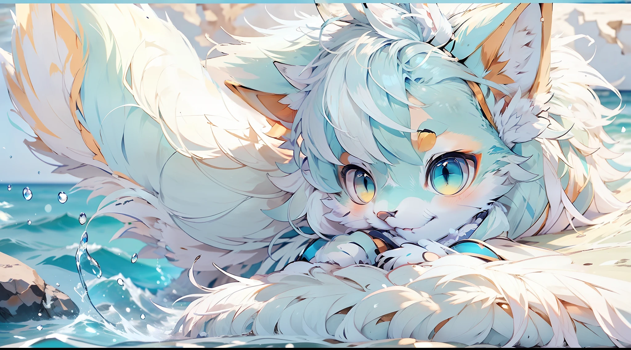 Bluish white fur，Furry，By the beach，Cat-eared Shota，PC Wallpapers