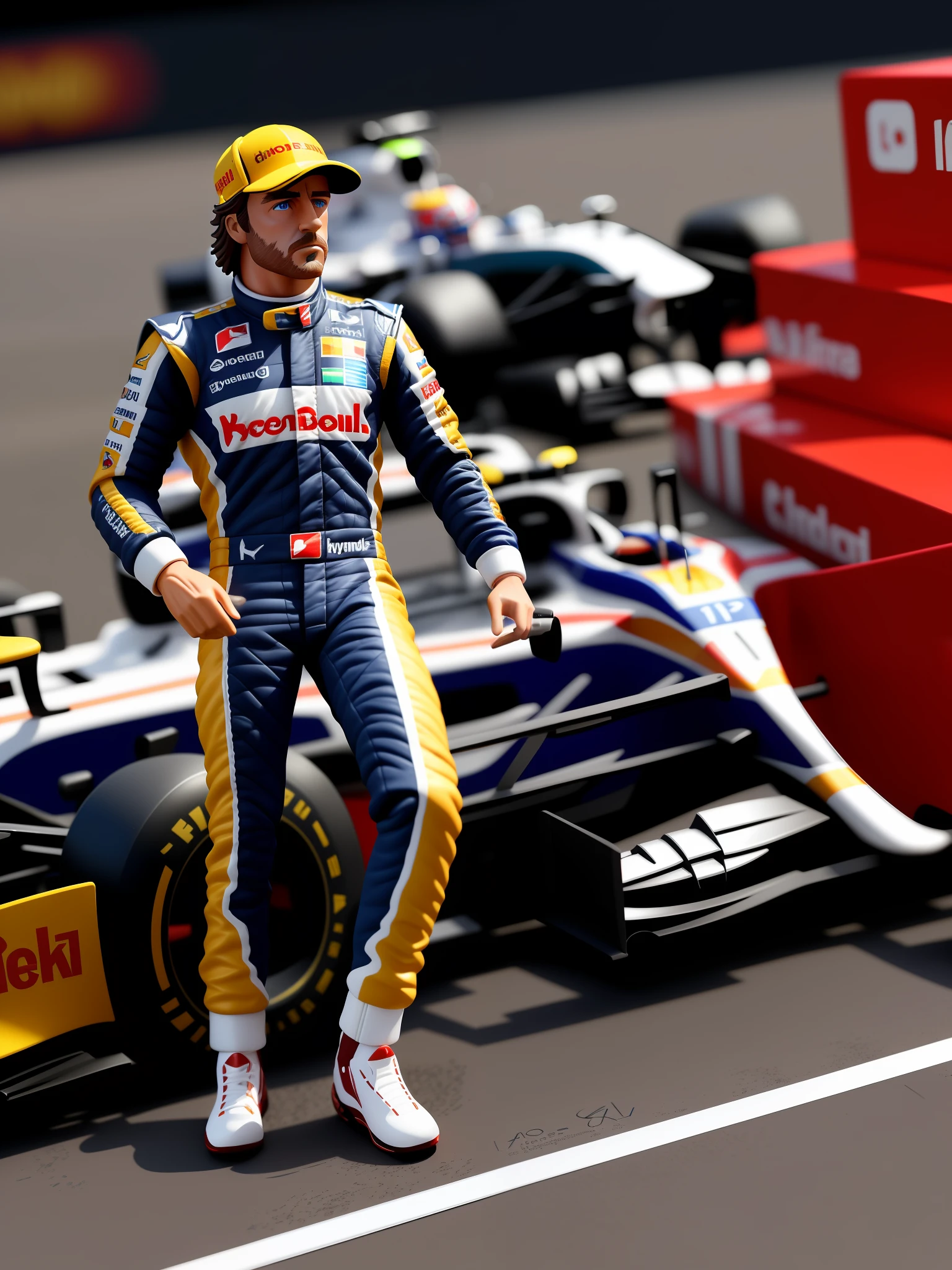 Fernando Alonso Action Figure with accessories, Action Figure Box Design, Taken with Professional Camera, Hyper Realistic Photography, Depth of Field, 8K