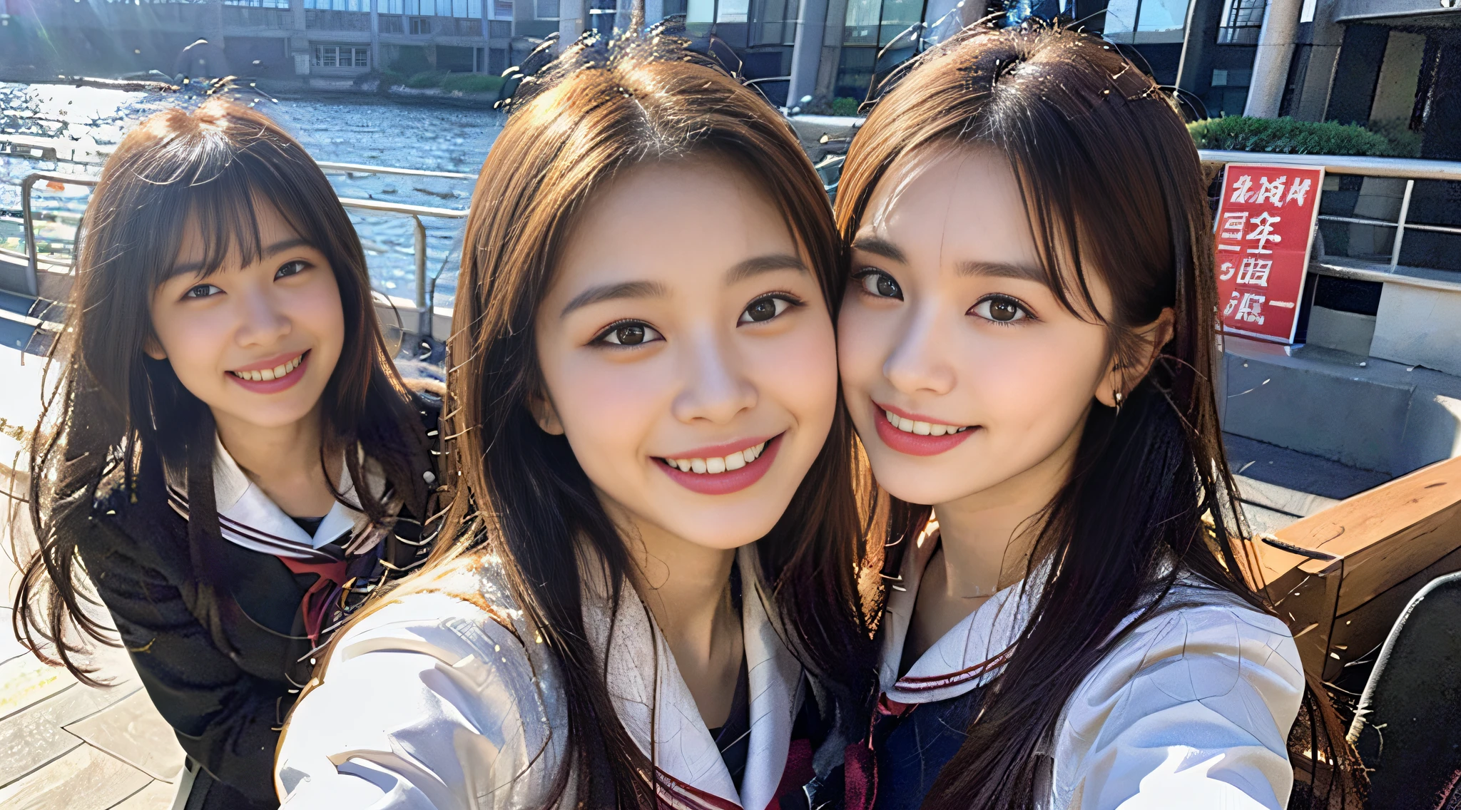(8K、Raw photography、top-quality、masterpiece:1.2)、ultra-detailliert、ultra res、(realisitic、Real Photographics:1.47)、(Using the kiss you throw as a camera)From above、Camera from above、Camera angle from above、I'm looking at this with upward eyes、High-quality images taken with a camera from above、Above the sea、、Offshore Girl(Fantastic lighting)head to waist、、de pele branca、Fair-skinned female proofreading、An ultra-high picture quality、、Beautiful female proofreading reflecting in light、amazing detailed、Beautiful girls in very detailed、Faces with different patterns、Different face patterns、Each hairstyle has its own characteristics、Farbe々Hairstyle、Farbe々Hair color shining with clean light、I enjoy fishing on a boat、Brown hair shining in the light、One has a ponytail、、Modern cute high school girl、very detailed faces very detailed eyes、Very realistic skin、 extremely detailed fingers, highly detailed nose, highly detail mouth, perfect anatomia, Highly detailed sailor suit、、The details of their hair and uniforms shine through、Burning teeth and smiling、Realistic body, de pele branca, glistning skin, Slim body, Long straight hair, (Blunt bangs:1.2), , nixeu and sakimichan, TWICE, Seifuku, sakimichan, JK Uniform, wearing japanese school uniform, promo still, Larisa Manobal, Japan school uniform, japanese girl school uniform, alena aenami and lilia alvarado