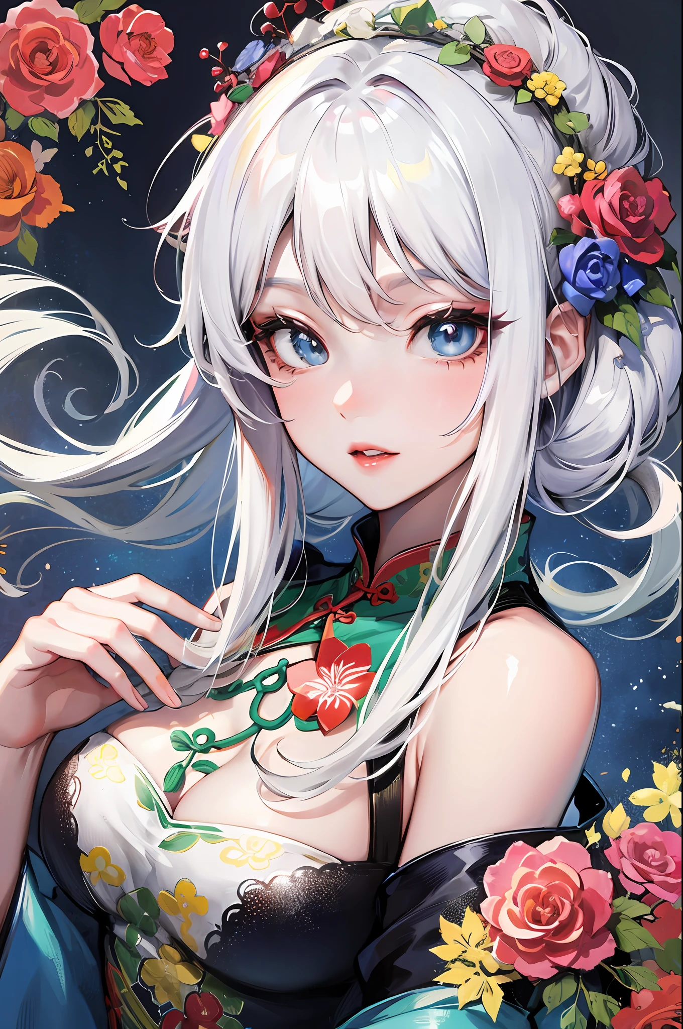 White hair, chinoiserie, cheongsam, blue eyes, sexy, anime