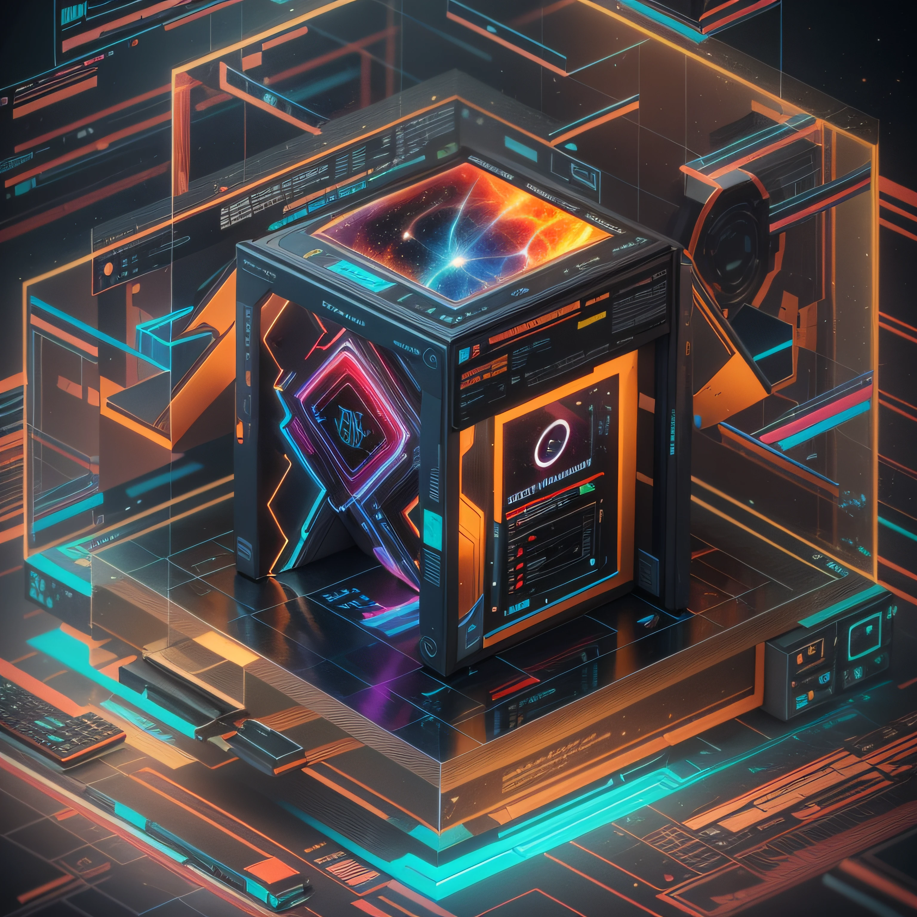 Awesome Artificial Intelligence Next Generation Raytraced 3D Octane Render "ALLUXION" Isometric Logo, Cosmic Web Developer Galactic Graphic Artist PsyTrance Producer & DJ, Energetic Radiant Vibrant, Rich Saturated Colors framed in an isometric frame, black background