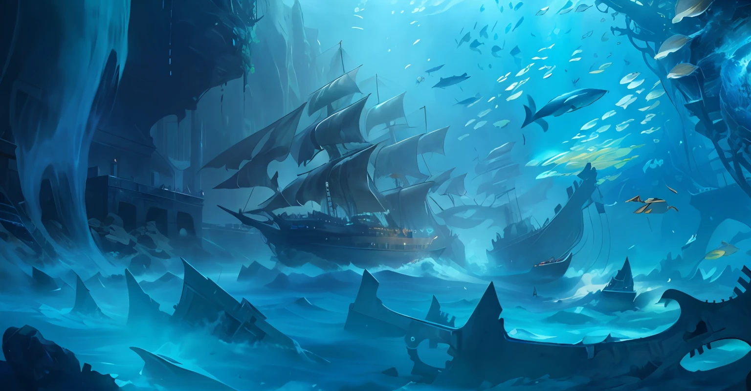 There are shipwrecks in the water，Sea monsters and treasures in the background，concept art stunning atmosphere, Stunning! concept-art, fantasy sea landscape, undersea environment, stunning concept art, Concept art wallpaper 4K, dramatic concept art, deep sea landscape, painterly concept art, High quality digital concept art, League of Legends concept art, beautiful concept art, ocean floor