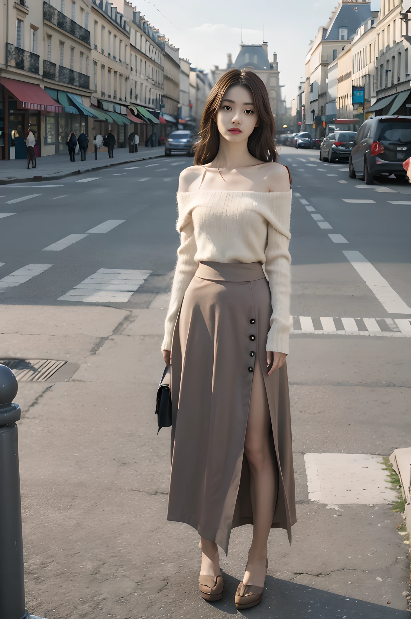 street snap photo:1.3, fashion portrait, full body image:1.3, full entire body, fashion model, 1girl, open stance, model posing, wearing a bare-shoulder tops and a long-skirt, Paris street view background, perfect female body, slender, medium-breasts, long-straight hair, tall, centered image, character focus, masterpiece,
