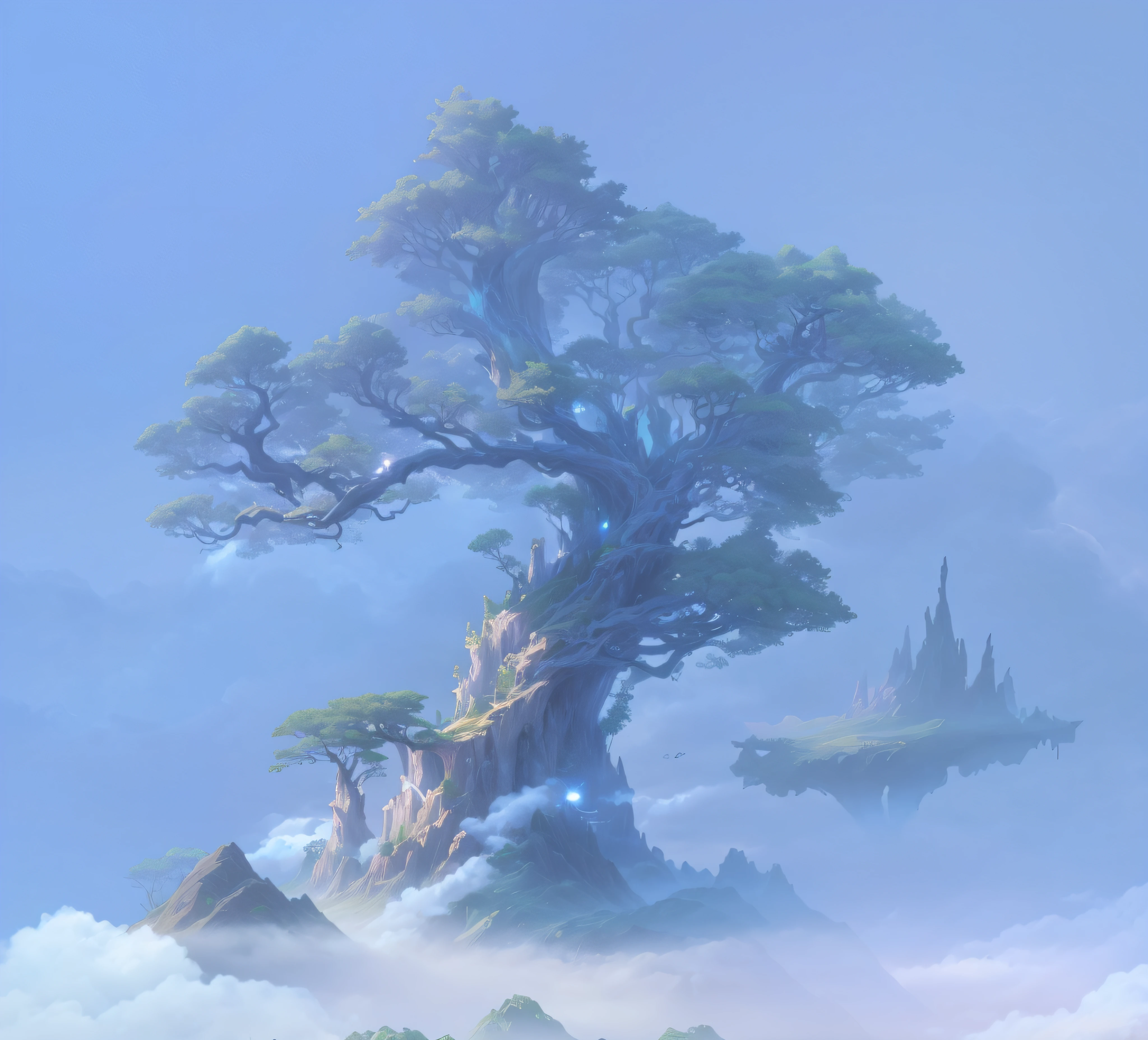 In the clouds stands a tree, made of tree and fantasy valley, Fantasy Tree, avatar landscape, Concept art wallpaper 4K, Stylized concept art, dota matte painting concept art, velly distant forest, painted as a game concept art, concept world art, high resolution concept art, sky forest background