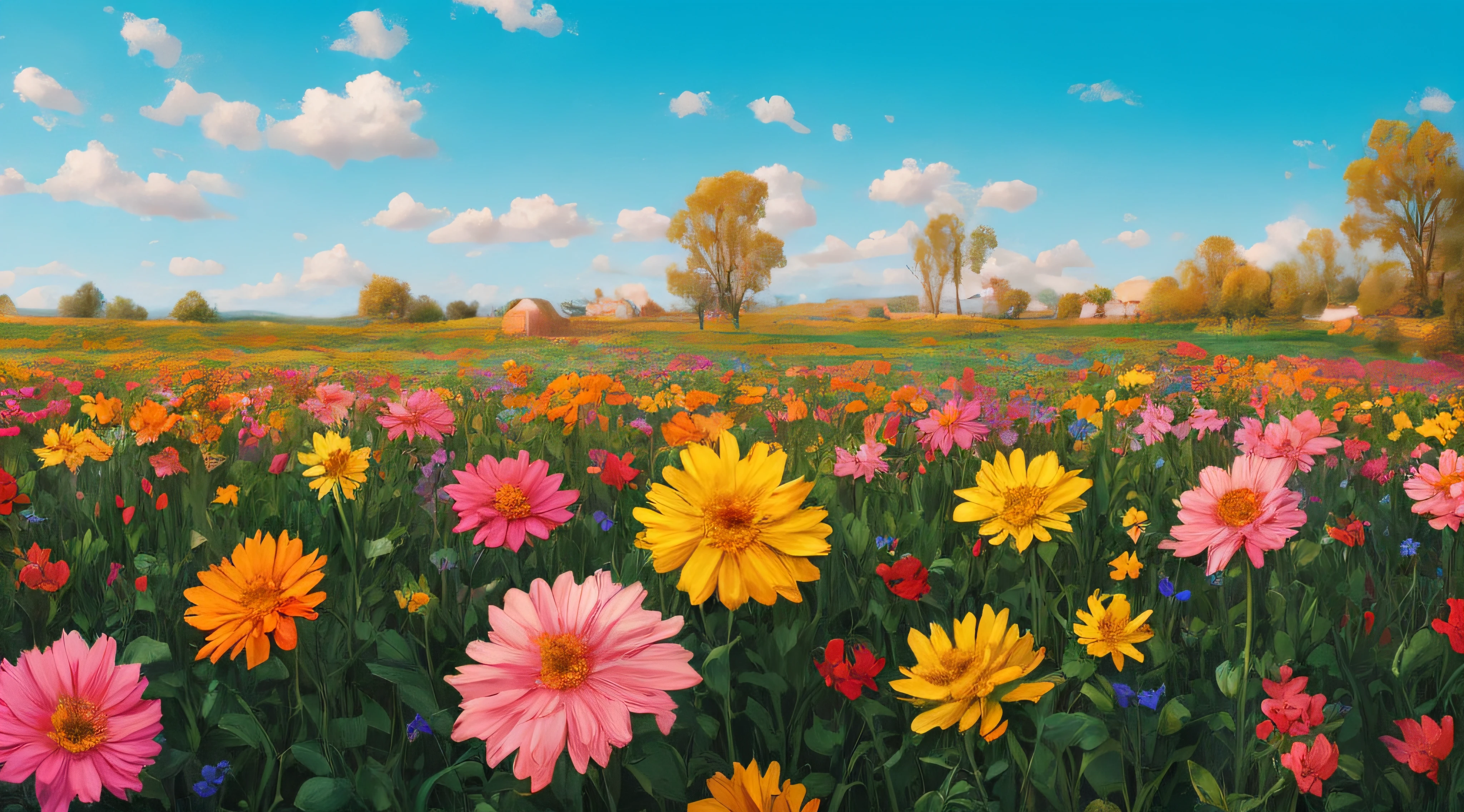 image of a sunny one-day landscape, just the landscape with flowers, flowery field, no people, no animals, vibrant childish, art style, cartoon, artistic, soft color palette, flowers of various kinds blown by the wind, brightness, magical photography, soft soft lighting, light background, realistic photo, super detailed, 4k, high resolution, super thin sharp,  high quality, unique, beautiful colors, 3d rendered,