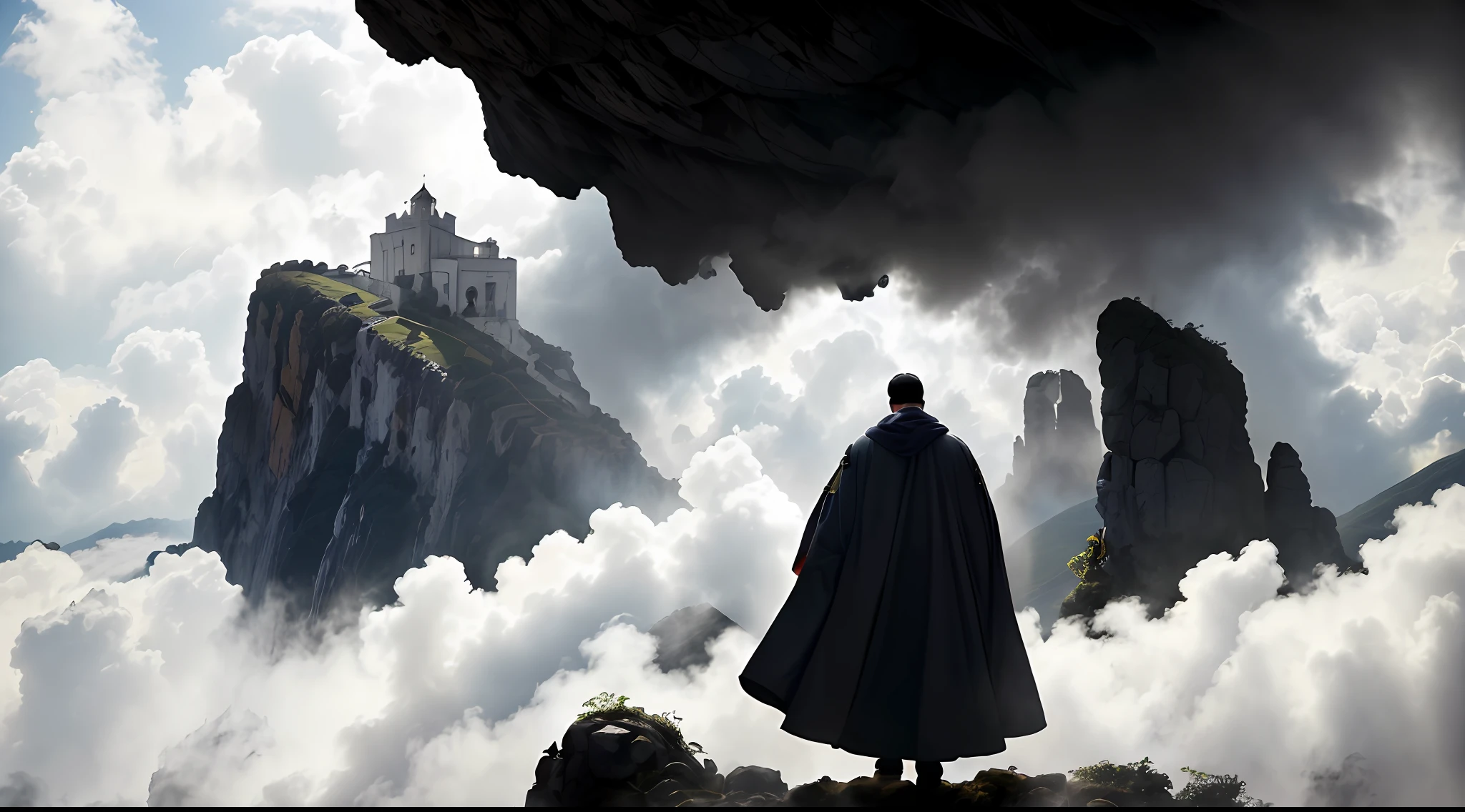 isaias usando capa, God speaking in the clouds not to be afraid, robes and arms of cloak raised on a broken earth, castelo, muralhas, reinado, luz de lava brilhante de baixo do campo de asteroides (rochas irregulares, pedregulhos e detritos disparando para o ar:1.3) (tempestade de detritos de poeira ventosa:1.1) Volumetric mist mist ray tracing z pass bright light from below, (obra-prima) (melhor qualidade) (detalhado) (8k) (cinematic lighthing) (foco nítido) (intrincado)