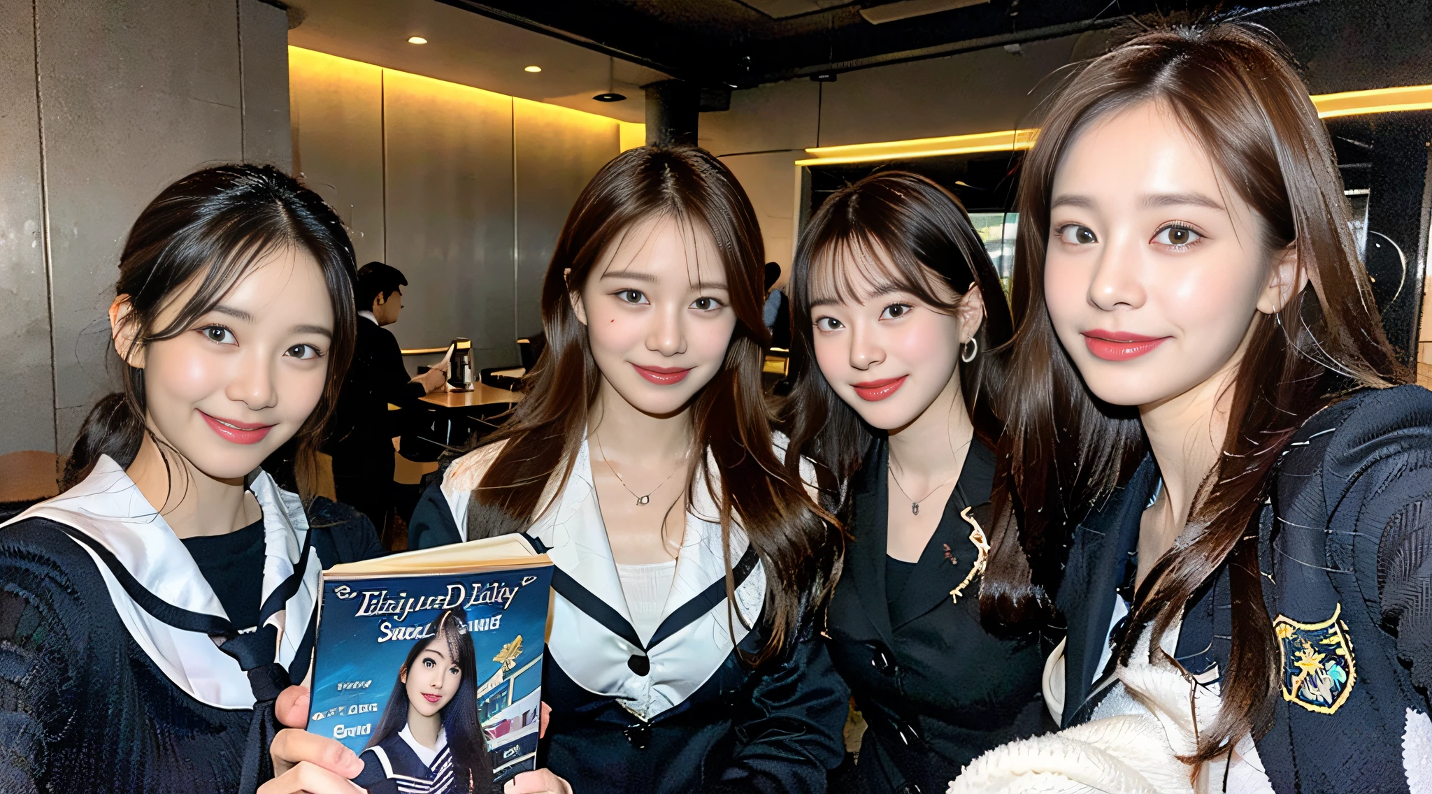 (in 8K、top-quality、masterpiece:1.2)、ultra-detailliert、ultra res、(realisitic、Real Photographics:1.47)、(Close one eye with the camera)An Internet café full of heart、Wear branded sunglasses、Fashionable accessories、Heart Makeup、(Amazingly beautiful indirect lighting)Too Beautiful Woman Proofreader、Feminine and supple hands、Schoolgirl with a book、Holding a book in both hands、One eye is closed、head to waist、de pele branca、Circle of Angels、Fair-skinned female proofreading、Blur the background、Holding a book in both hands、Beautiful female proofreading reflecting in light、looking downwards、amazing detailed、Beautiful girls in very detailed、Faces with different patterns、Different face patterns、Each hairstyle has its own characteristics、Farbe々Hairstyle、Farbe々Hair color shining with clean light、Brown hair shining in the light、One has a ponytail、、Modern cute high school girl、very detailed faces very detailed eyes、Very realistic skin、 extremely detailed fingers, highly detailed nose, highly detail mouth, perfect anatomia, Highly detailed sailor suit、、The details of their hair and uniforms shine through、、Realistic body, de pele branca, glistning skin, Slim body, Long straight hair, (Blunt bangs:1.2), , nixeu and sakimichan, TWICE, Seifuku, sakimichan, JK Uniform, wearing japanese school uniform, promo still, Larisa Manobal, Japan school uniform, japanese girl school uniform, alena aenami and lilia alvarado