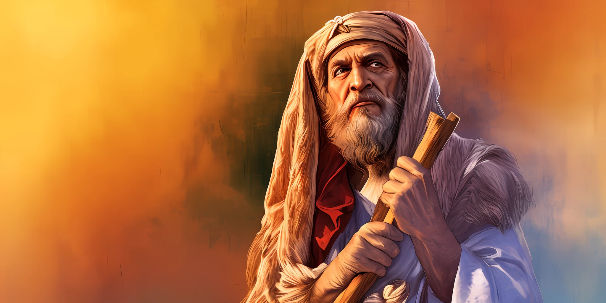 imagem homem com barba e turbante segurando um pau, Abraham, Wise old man, Nicodemos, foto retrato, bible illustration, moses,  , foto retrato detalhada, biblical image, biblical clothing