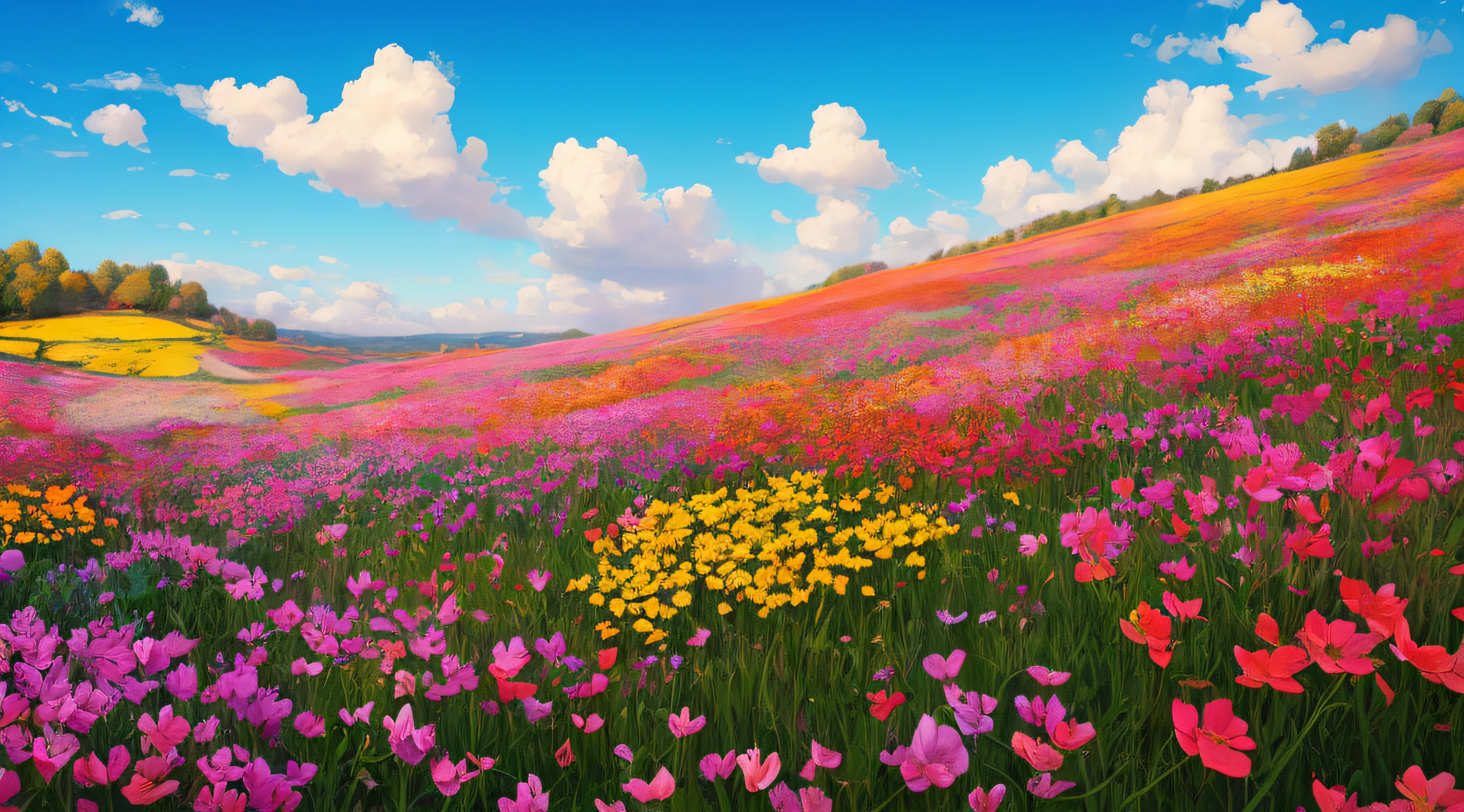 image of a sunny one-day landscape, just the landscape with flowers, flowery field, no people, no animals, vibrant childish, art style, cartoon, artistic, soft color palette, flowers of various kinds blown by the wind, brightness, magical photography, soft soft lighting, light background, realistic photo, super detailed, 4k, high resolution, super thin sharp,  high quality, unique, beautiful colors, 3d rendered,