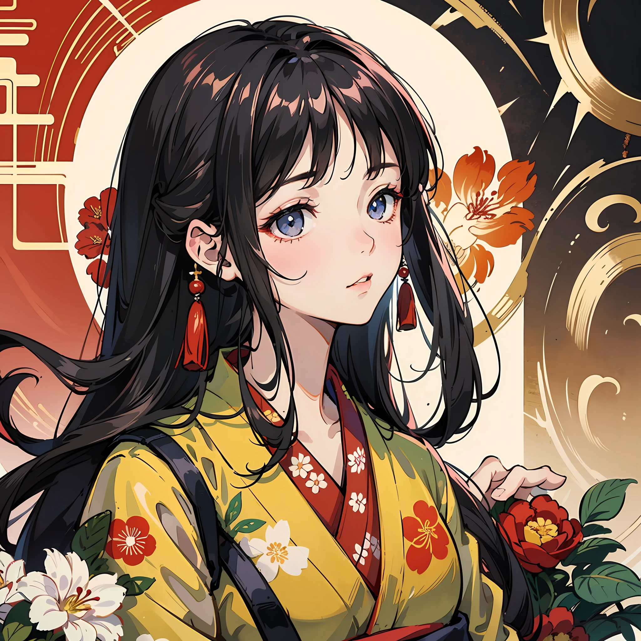 Warring States period, female general, very beautiful face, high dynamic angle, 8K, very delicate, very dense, vivid color, dynamic wallpaper Japan kimono and Chinese Hanfu MIX, beautiful black hair, --auto