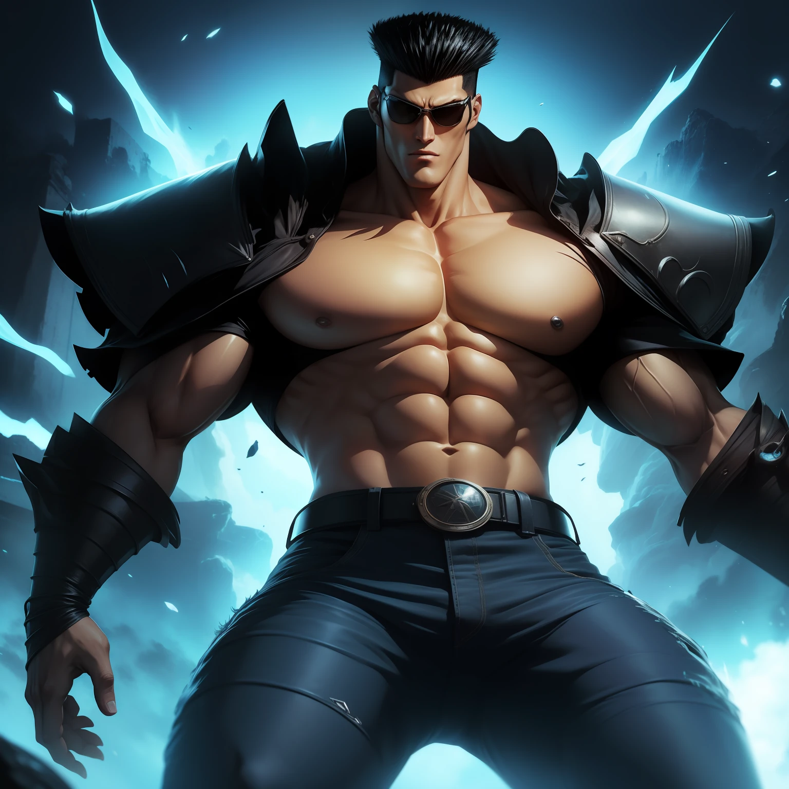 anime, anime obra prima,(Toguro), forte musculoso, ((((solo)))), corpo inteiro , evil, rindo maliciosamente, (sem camisa), com o polegar direito levantado em sinal de joia concentrando energia azul, vortex, ((toguro100)),detalhes intrincados, perfect features, Dramatic, Cinematic lighting, Highlight lighting, SSAA, smooth rendering, no noise --testp --ar 2:3 --video --no lazy prompts