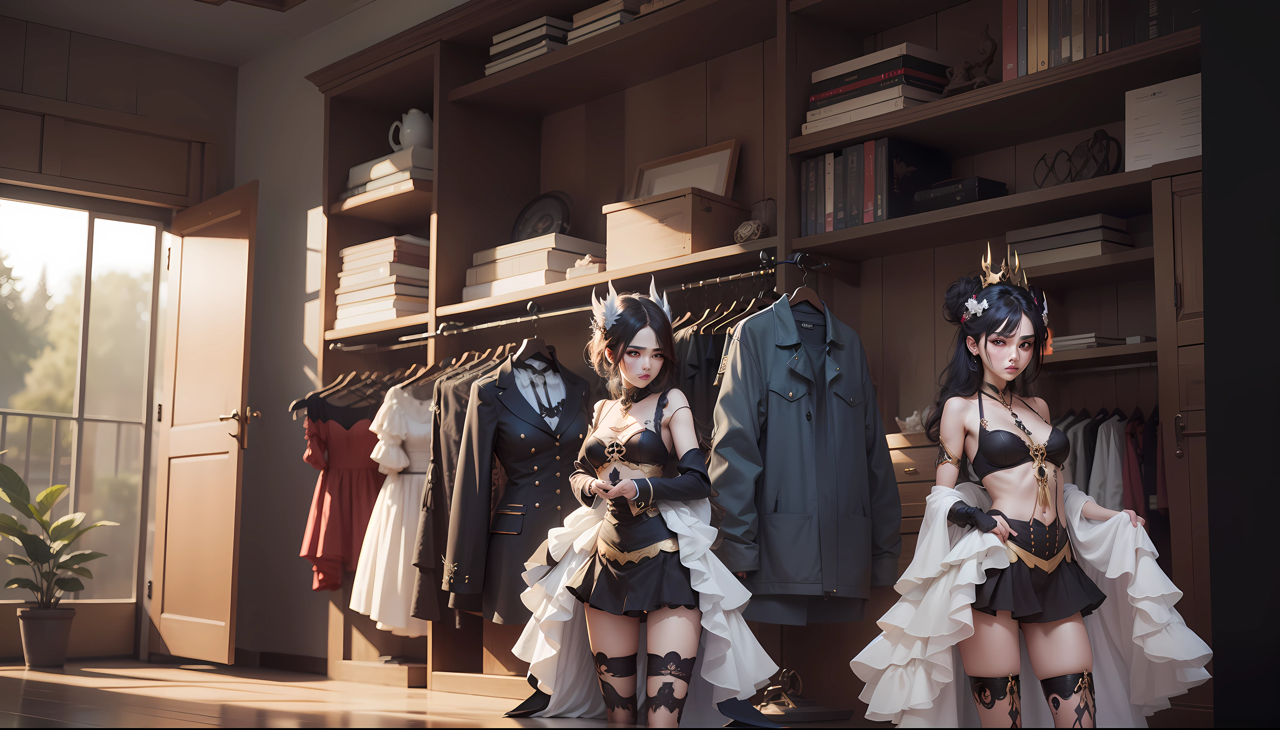 (((Meisterwerk))), best qulaity, ultradetaillierte, High-resolution 3D graphics, Detailed details of two demons and angels when buying clothes