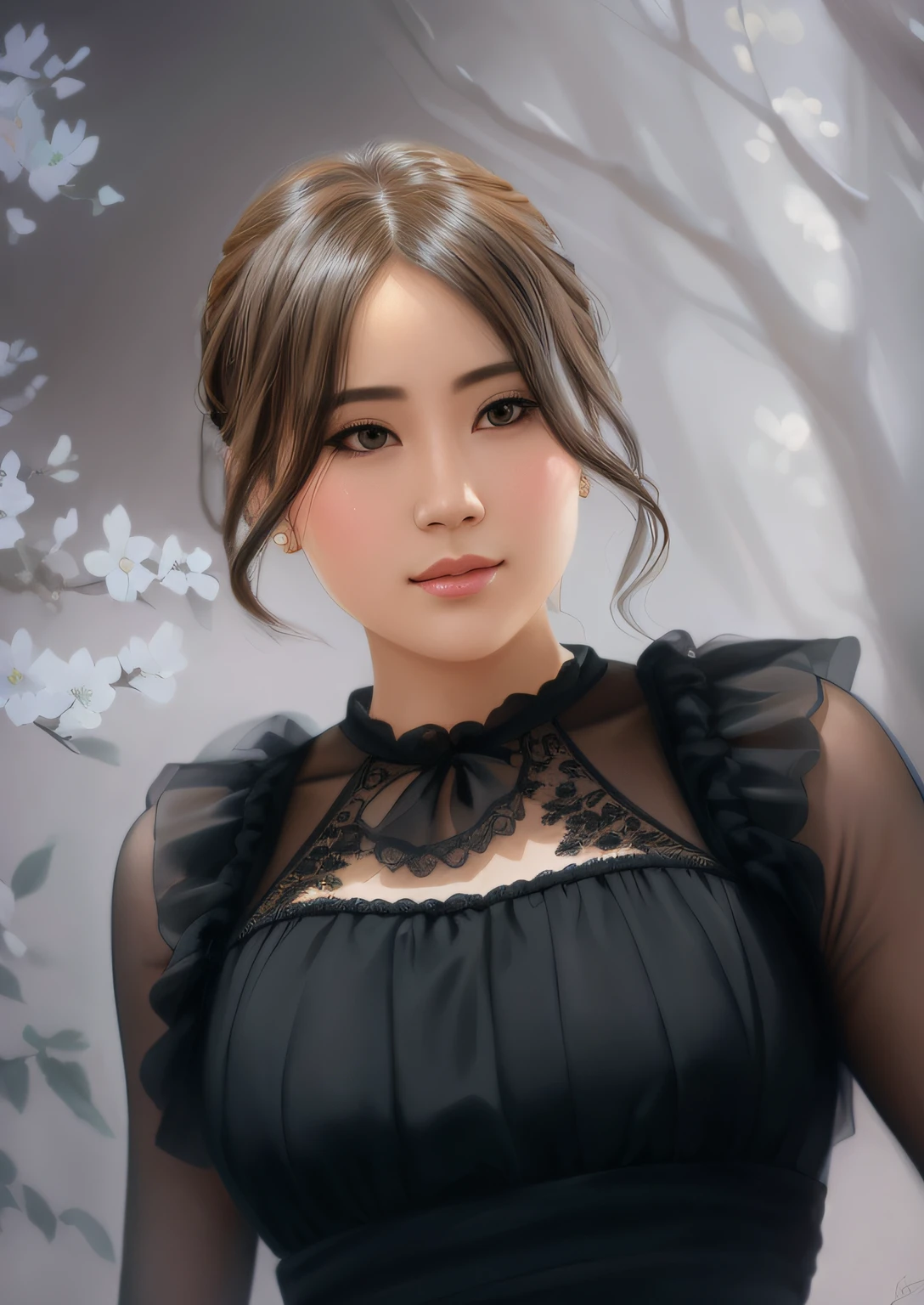 a woman in a black dress posing for a picture, digitalpainting, detailed picture, in the art style of bowater, digital art of an elegant, based on Sim Sachjong, portrait of female Korean idol, airbrush digital oil painting, photorealistic artstyle, inspired by Zhang Yin, digital painting style, in the style of oil painting, Digital Oil Painting, realism art style