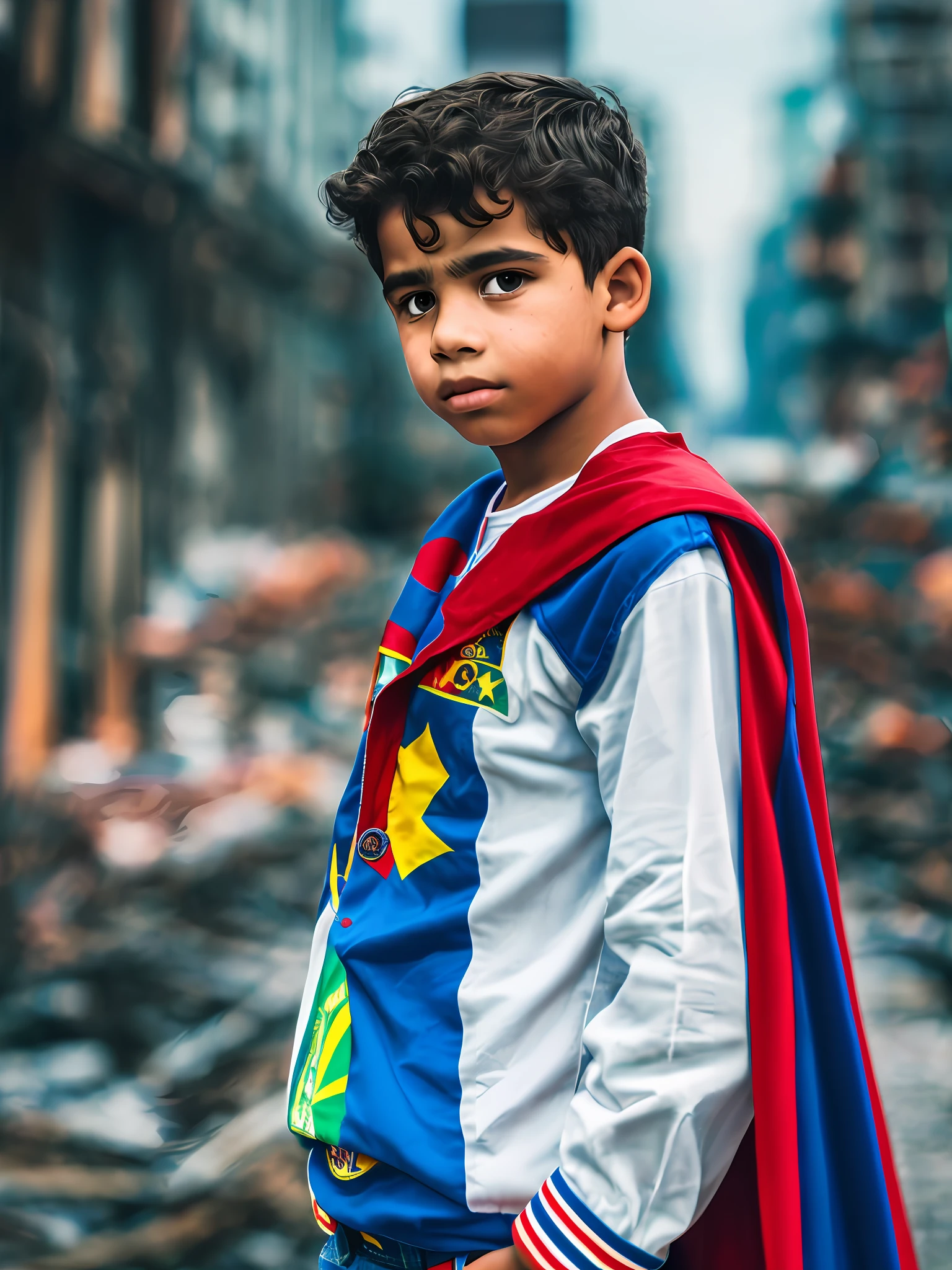 portrait of an young brazilian boy leaning againg a city of destroyer, clear facial features, cinematic, 35mm lens, f/1.8, accent lighting, global ilumination, blue shirt with red stripes. blue cape. ooking in the mirror --auto --s2