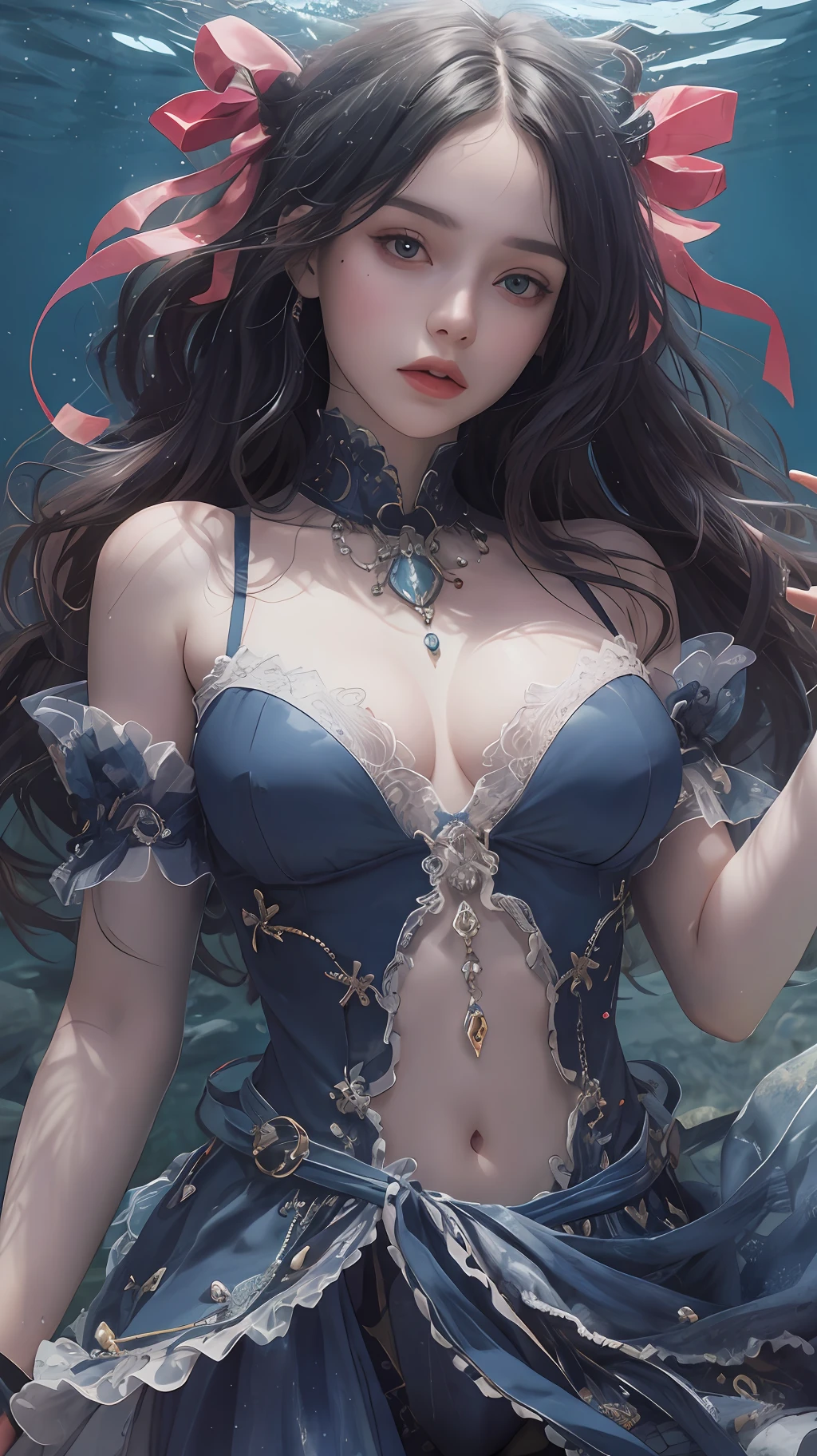 1 girl,  Wrap your hands around your chest, ，abyssal, Dark blue hair, Curly hair, ribbon,The eyes are shining, sensual lip,  curtained hair, hair over shoulders, romanticism lain, god light,, partial underwater shot, From below, (Masterpiece), Anatomically correct, (Super detail), High details, High quality, (Best quality), 8K，Princess-like