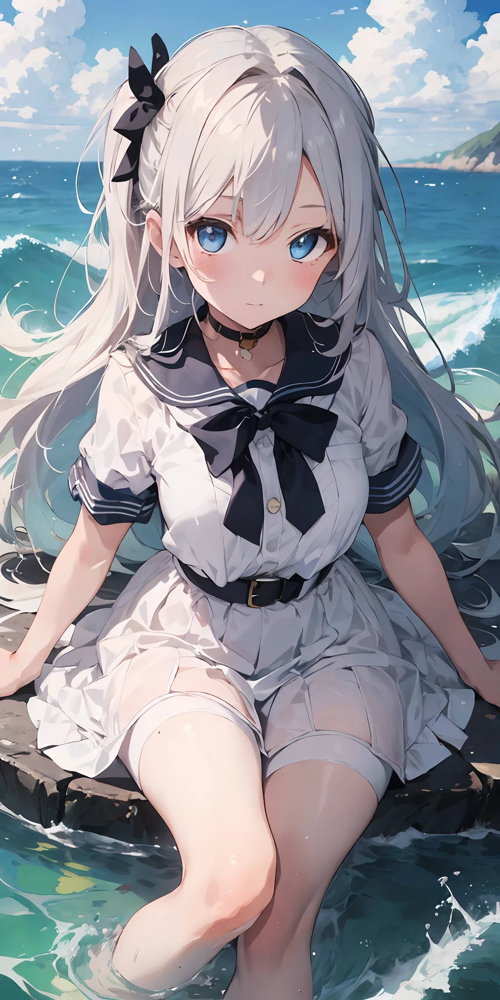 1girl, beautiful detailed eyes, long white hair, light blue eyes, school uniform, high white stocking, lustrous skin, seaside, sea, waves, , high contrast, ((masterpiece, best quality))