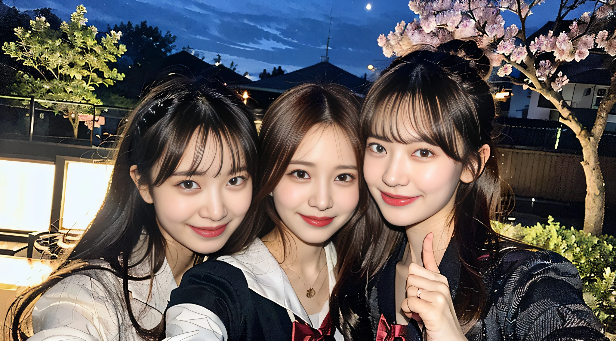 (8K,Raw photo、Raw photo、top-quality、Master masterpiece:1.2)、ultra-detailliert、Super Resolution、(Photorealsitic:1.5)、((Pointing at the camera))、high resolution RAW color photos、professional photograpy、indirect lighting、Female proofreading of Japan from head to waist、Point your finger at the camera、Point your finger here、Blur the background、(Very beautiful and detailed night cherry blossom trees 1:1.37)((Beautiful night with a cherry blossom blizzard))、fullmoon、Very detailed and beautiful、Ultra-high image quality、Half-up hairstyle、Bun hair、poneyTail、High school girl in sailor suit、(Puffy cheeks)Detailed uniforms、Each face has its own distinctive features、Different face patterns、Farbe々Hairstyle、Brown hair fluttering in the night breeze、Hair swaying and sexy、Very detailed beautiful girl、(Pink Eye Shadow)、Red tie、Smiling smile、Pointing at the camera、Pointing