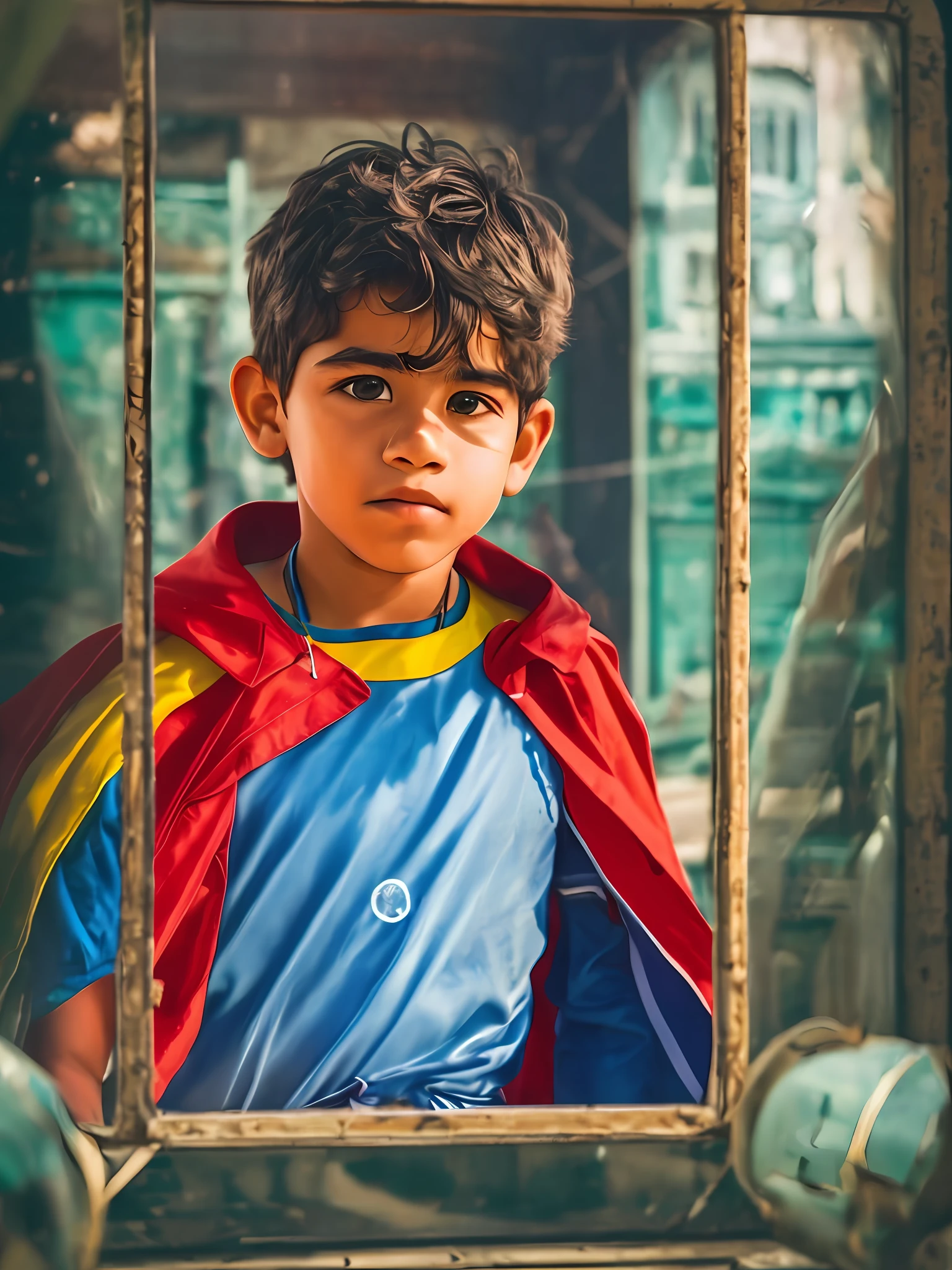 portrait of an young brazilian boy leaning againg a city of destroyer, clear facial features, cinematic, 35mm lens, f/1.8, accent lighting, global ilumination, blue shirt with red stripes. blue cape. ooking in the mirror --auto --s2