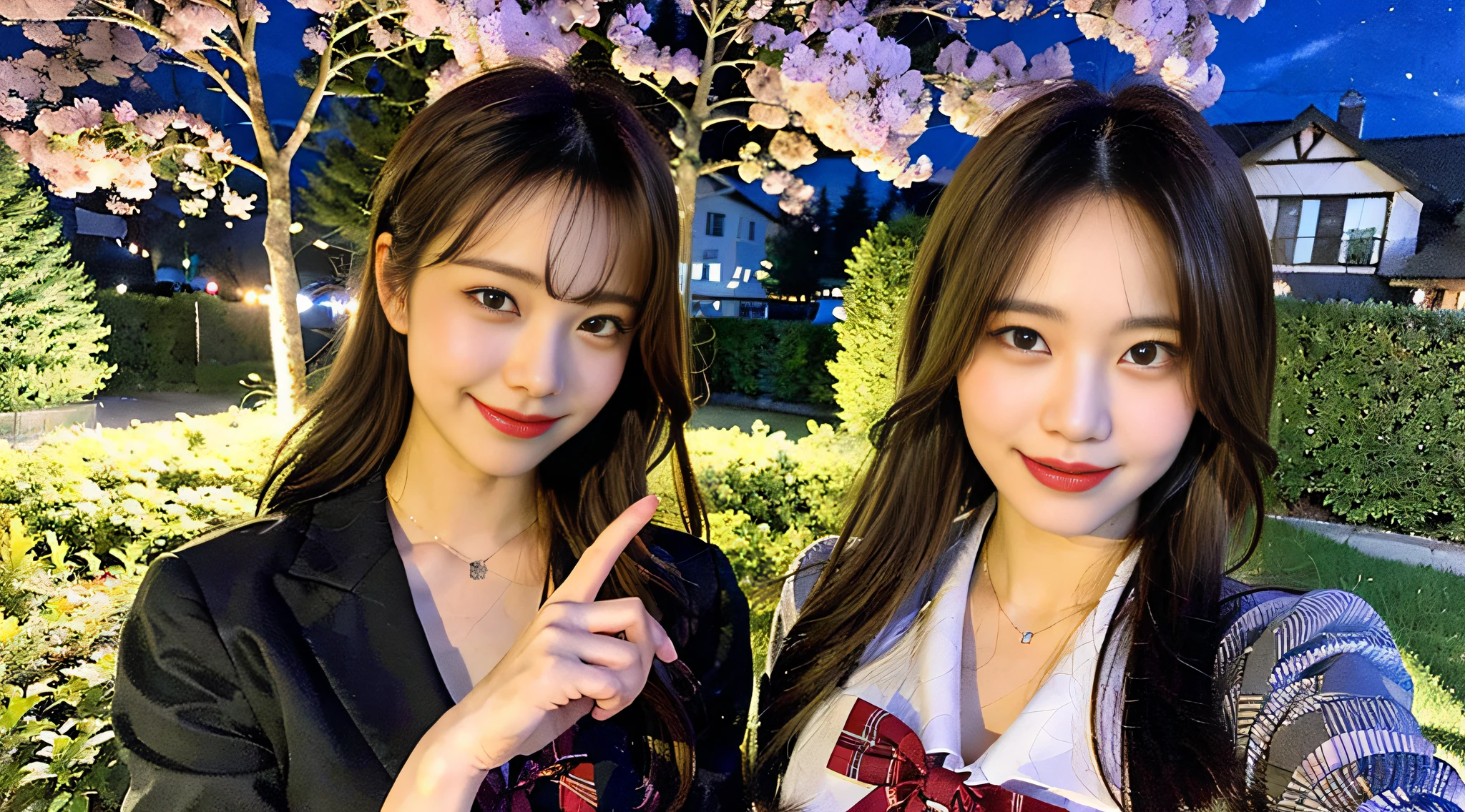(8K,Raw photo、Raw photo、top-quality、Master masterpiece:1.2)、ultra-detailliert、Super Resolution、(Photorealsitic:1.5)、((Pointing at the camera))、high resolution RAW color photos、professional photograpy、indirect lighting、Female proofreading of Japan from head to waist、Point your finger at the camera、Point your finger here、Blur the background、(Very beautiful and detailed night cherry blossom trees 1:1.37)((Beautiful night with a cherry blossom blizzard))、fullmoon、Very detailed and beautiful、Ultra-high image quality、Half-up hairstyle、Bun hair、poneyTail、High school girl in sailor suit、(Puffy cheeks)Detailed uniforms、Each face has its own distinctive features、Different face patterns、Farbe々Hairstyle、Brown hair fluttering in the night breeze、Hair swaying and sexy、Very detailed beautiful girl、(Pink Eye Shadow)、Red tie、Smiling smile、Pointing at the camera、Pointing