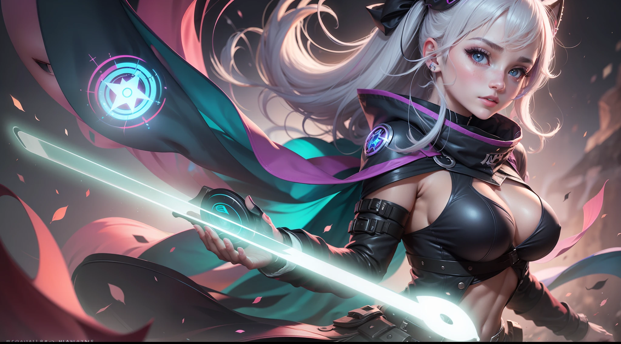 Mulher ninja com fone de ouvido sentido paz, olhos fechados, rosto bonito, cores RGB, cabelo rosa brilhante, colorido anime, fundo brilhante, Banner for youtube video, menina feliz, nuvens com cores RGB, cores RGB brilhantes, completo, ser celestial, garota gamer.