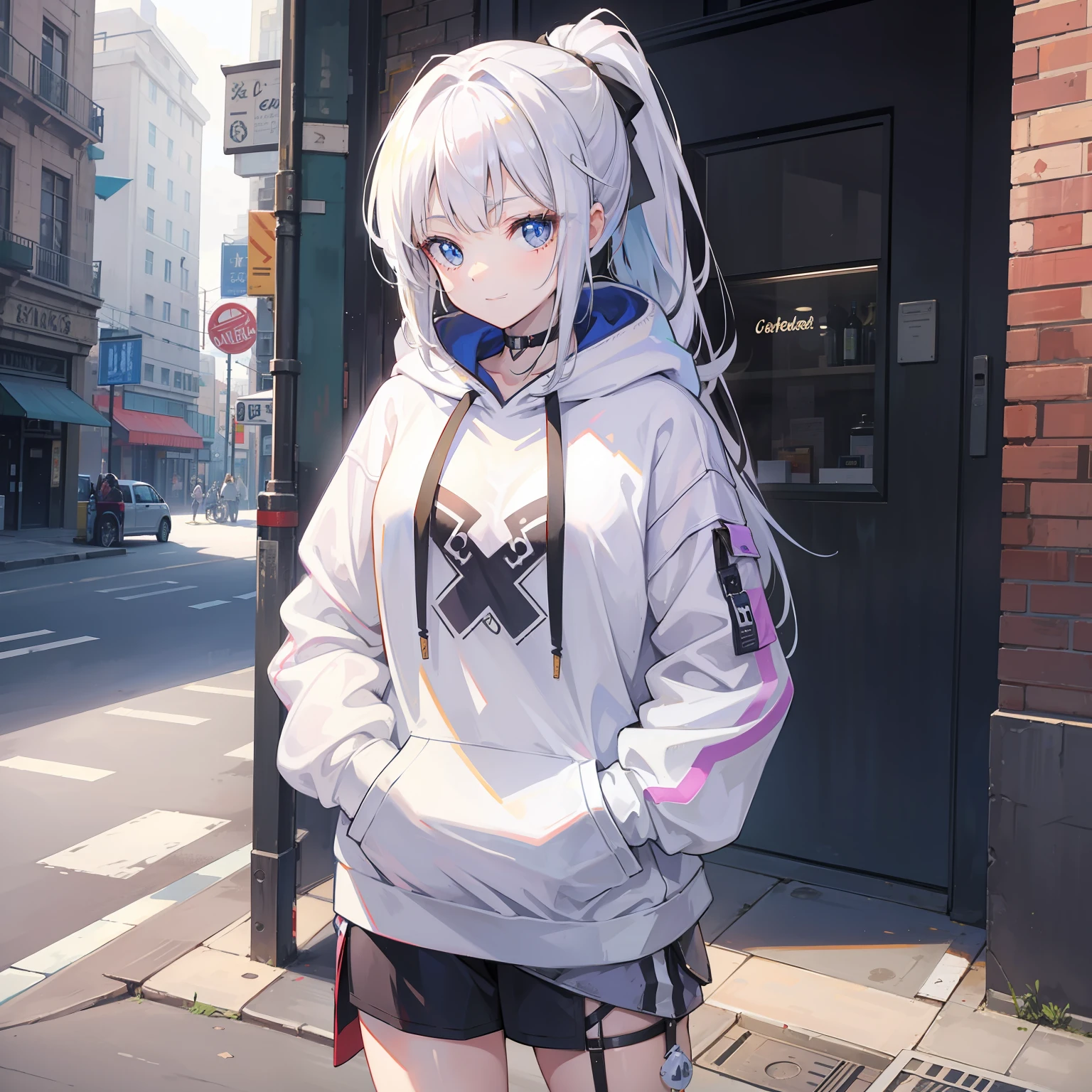 1girll, Small breasts,stitched face, patchwork skin, Closed mouth, Long_Hair, Light smile,City,street, White high ponytail hair, ,stitched_face,Patchwork_skin,Cowboy shot,( Hoodie),(Hand in pocket),Wear a sweatshirt underneath