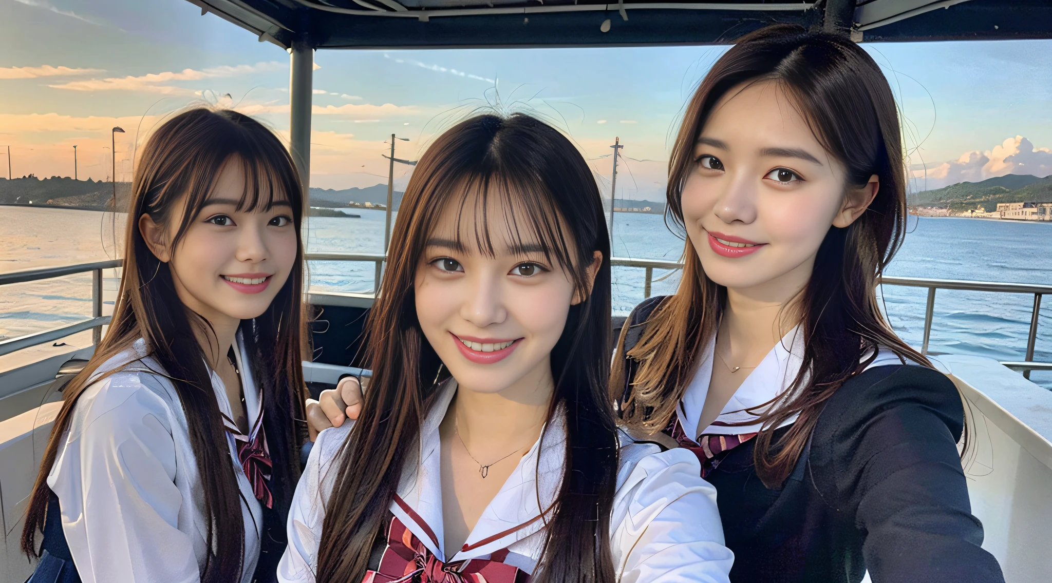 (8K、Raw photography、top-quality、masterpiece:1.2)、ultra-detailliert、ultra res、(realisitic、Real Photographics:1.47)、(I enjoy fishing out to sea by boat)Above the sea、Red snapper fishing、High school girl with fishing rod、Japan school uniform、fishing rod、have a fishing rod、head to waist、de pele branca、Fair-skinned female proofreading、An ultra-high picture quality、Beautiful female proofreading reflecting in light、amazing detailed、Beautiful girls in very detailed、Faces with different patterns、Different face patterns、Each hairstyle has its own characteristics、Farbe々Hairstyle、Farbe々Hair color shining with clean light、I enjoy fishing on a boat、Brown hair shining in the light、One has a ponytail、、Modern cute high school girl、very detailed faces very detailed eyes、Very realistic skin、 extremely detailed fingers, highly detailed nose, highly detail mouth, perfect anatomia, Highly detailed sailor suit、、The details of their hair and uniforms shine through、Burning teeth and smiling、Realistic body, de pele branca, glistning skin, Slim body, Long straight hair, (Blunt bangs:1.2), , nixeu and sakimichan, TWICE, Seifuku, sakimichan, JK Uniform, wearing japanese school uniform, promo still, Larisa Manobal, Japan school uniform, japanese girl school uniform, alena aenami and lilia alvarado