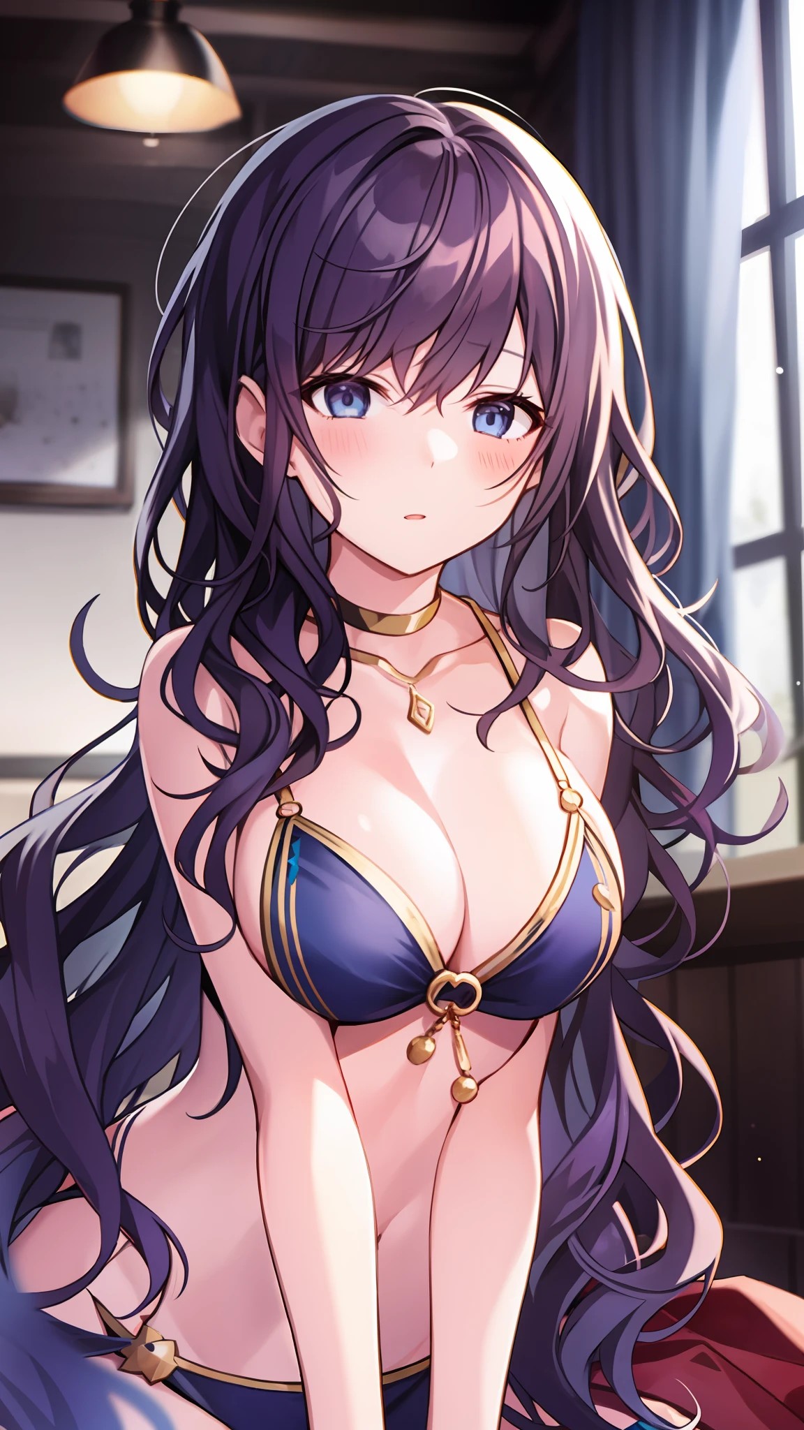 Mafuyu Asahina、1 girl in、top-quality、​masterpiece、Dark blue bikini、all-fours、Kamimei、looking at the viewers、red blush