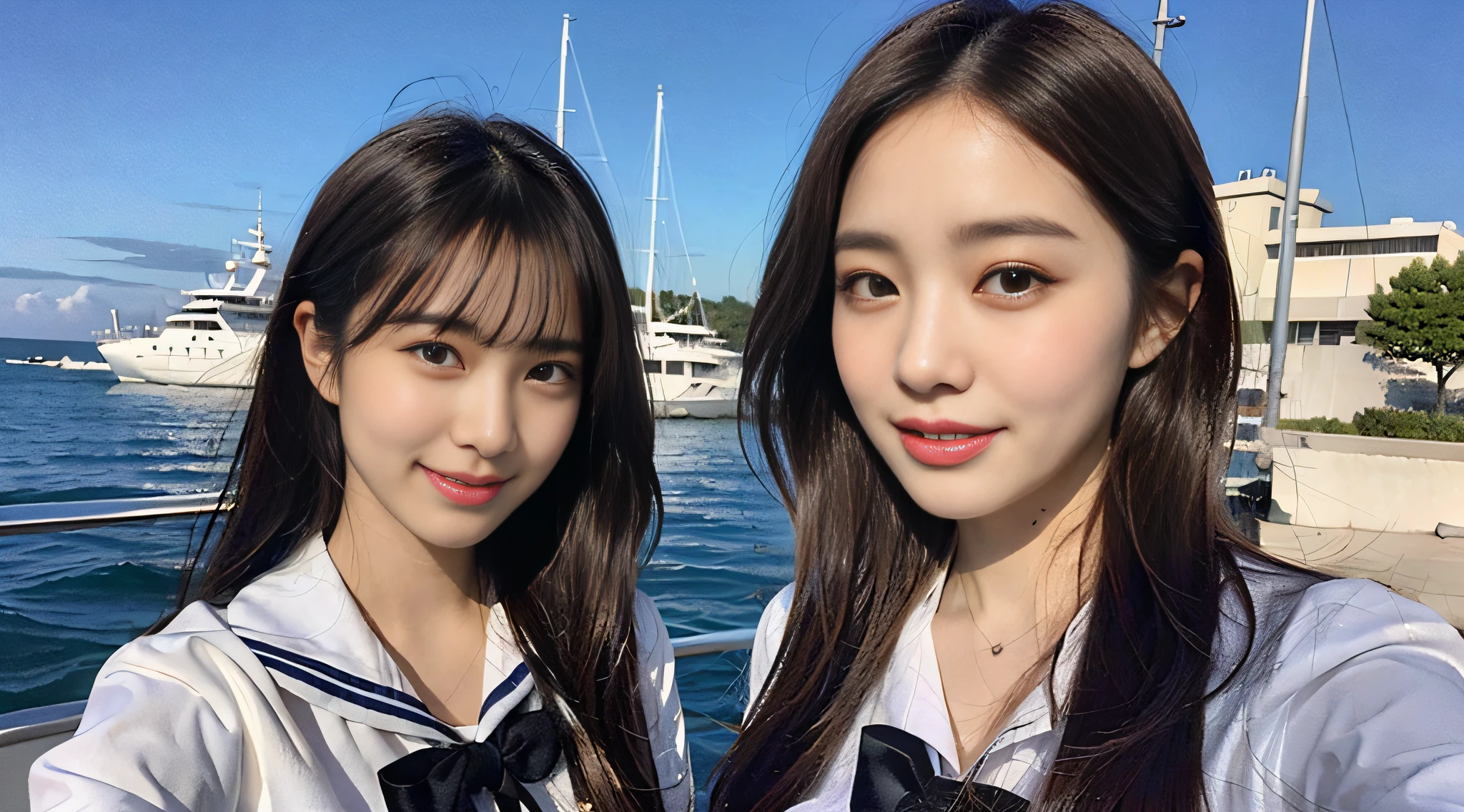 (8K、Raw photography、top-quality、masterpiece:1.2)、ultra-detailliert、ultra res、(realisitic、Real Photographics:1.47)、(I enjoy fishing out to sea by boat)Above the sea、High school girl with fishing rod、Fishing、fishing rod、Full of heart、Heart pattern(Fantastic lighting)head to waist、、de pele branca、Fair-skinned female proofreading、An ultra-high picture quality、、Beautiful female proofreading reflecting in light、amazing detailed、Beautiful girls in very detailed、Faces with different patterns、Different face patterns、Each hairstyle has its own characteristics、Farbe々Hairstyle、Farbe々Hair color shining with clean light、I enjoy fishing on a boat、Brown hair shining in the light、One has a ponytail、、Modern cute high school girl、very detailed faces very detailed eyes、Very realistic skin、 extremely detailed fingers, highly detailed nose, highly detail mouth, perfect anatomia, Highly detailed sailor suit、、The details of their hair and uniforms shine through、Burning teeth and smiling、Realistic body, de pele branca, glistning skin, Slim body, Long straight hair, (Blunt bangs:1.2), , nixeu and sakimichan, TWICE, Seifuku, sakimichan, JK Uniform, wearing japanese school uniform, promo still, Larisa Manobal, Japan school uniform, japanese girl school uniform, alena aenami and lilia alvarado