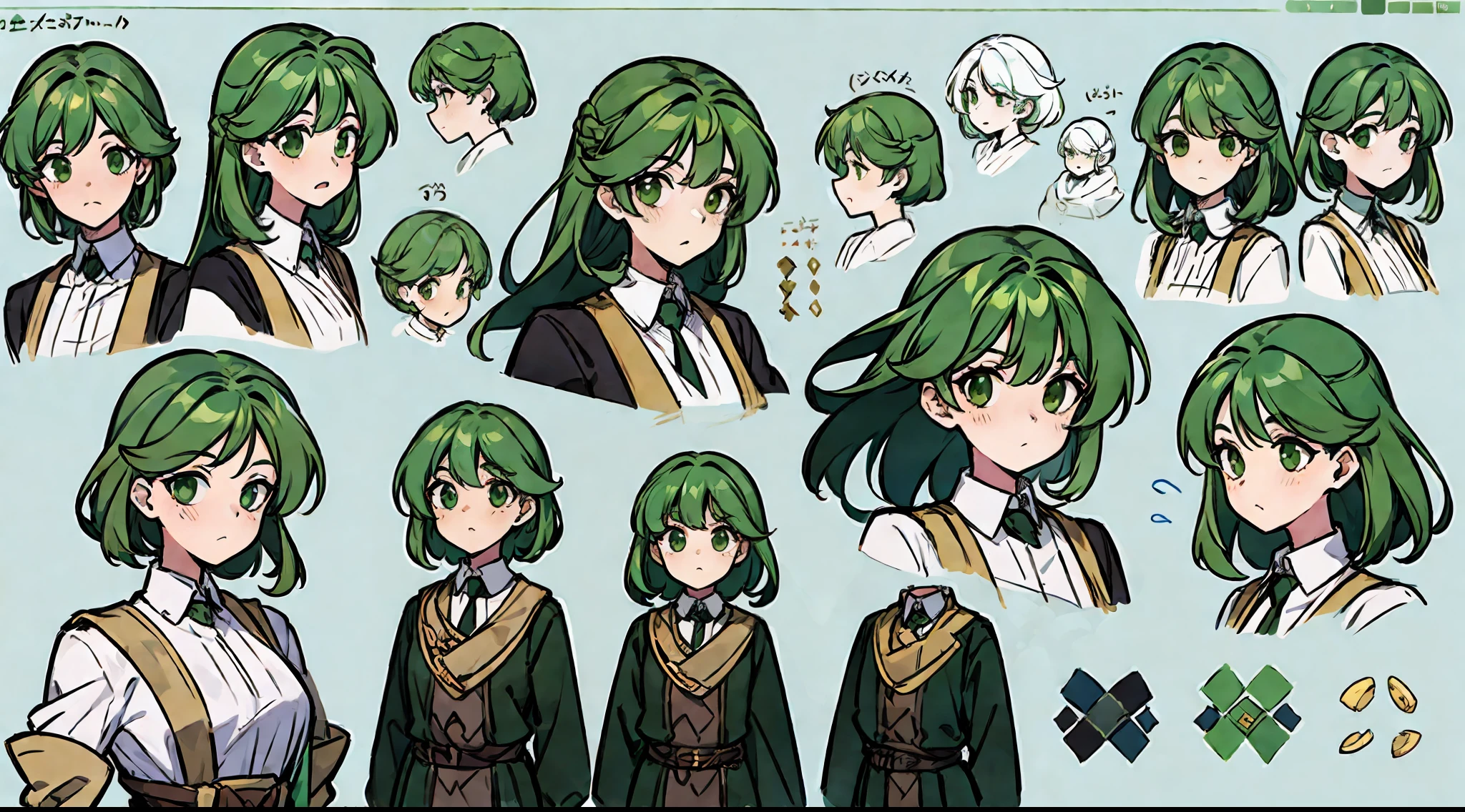 Kizi,There is wind winding around,Green hair,green pupills,concept-art,concept art of character,Character sketches,reference sheet,Role table,(simplebackground,white backgrounid: 1.3)