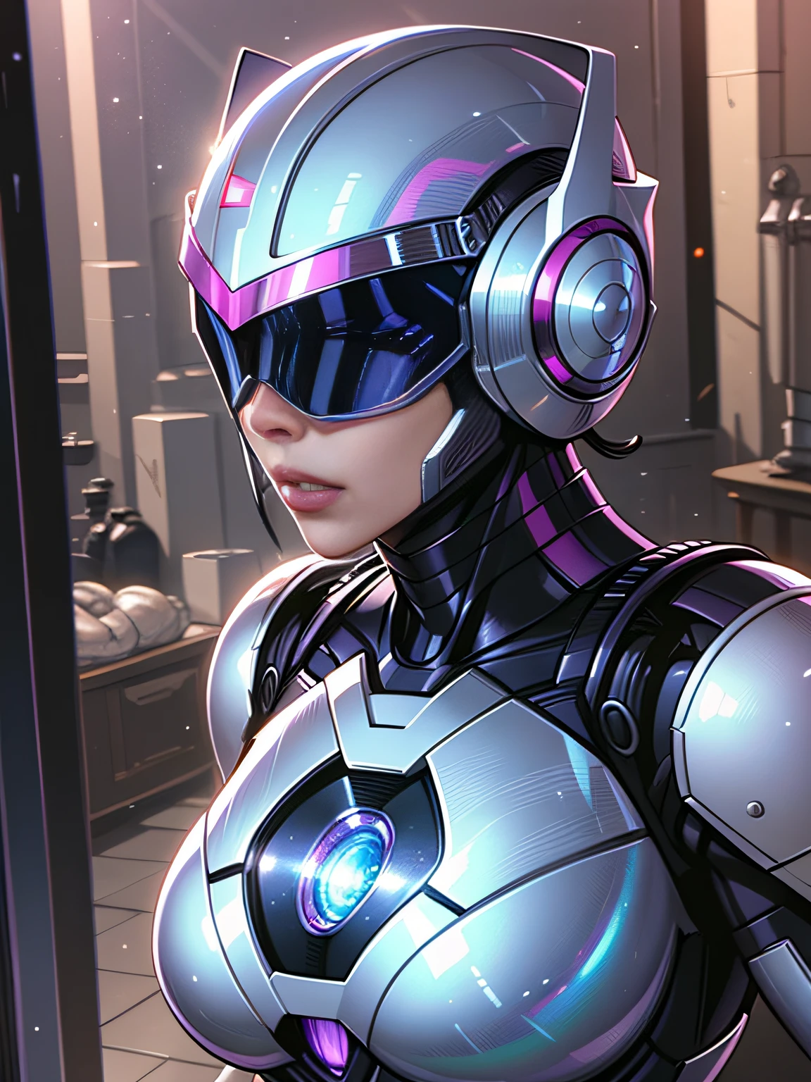 Female RoboCop、large chest、cleavage of the breast、Helmet that hides the eyes、Iridescent armor