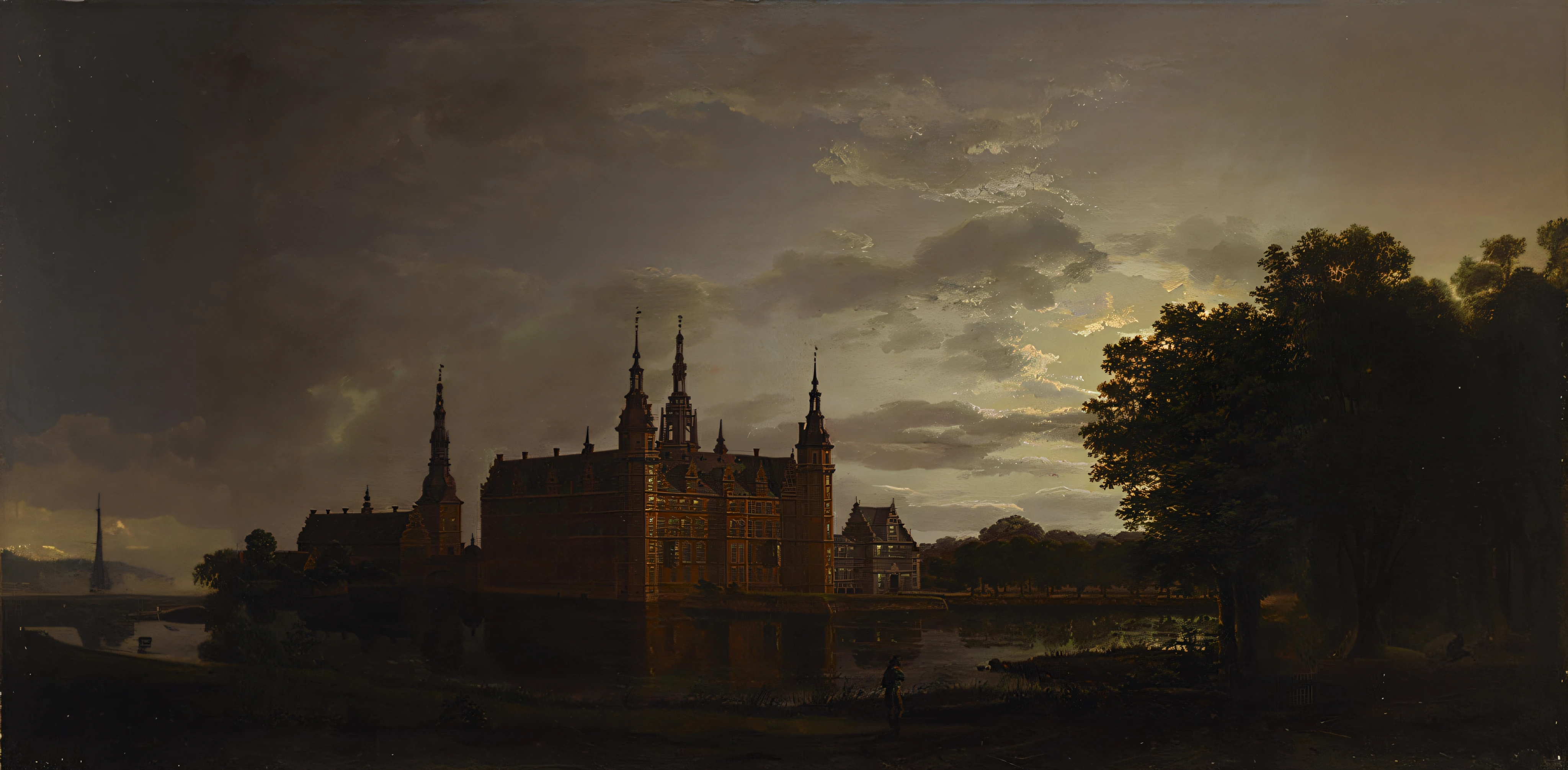 Paint a castle with a river and a man walking in front of it, author:Samuel Dirksz van Hoogstraten, author:Christian Dahl, author:Solomon Koningk, author:Jan Davidsz de Hem, author:Joos de Momper, author:Jacob Koningk, author:Adrian Hanneman, author:Joris van der Haagen, author:Justus Van Ghent