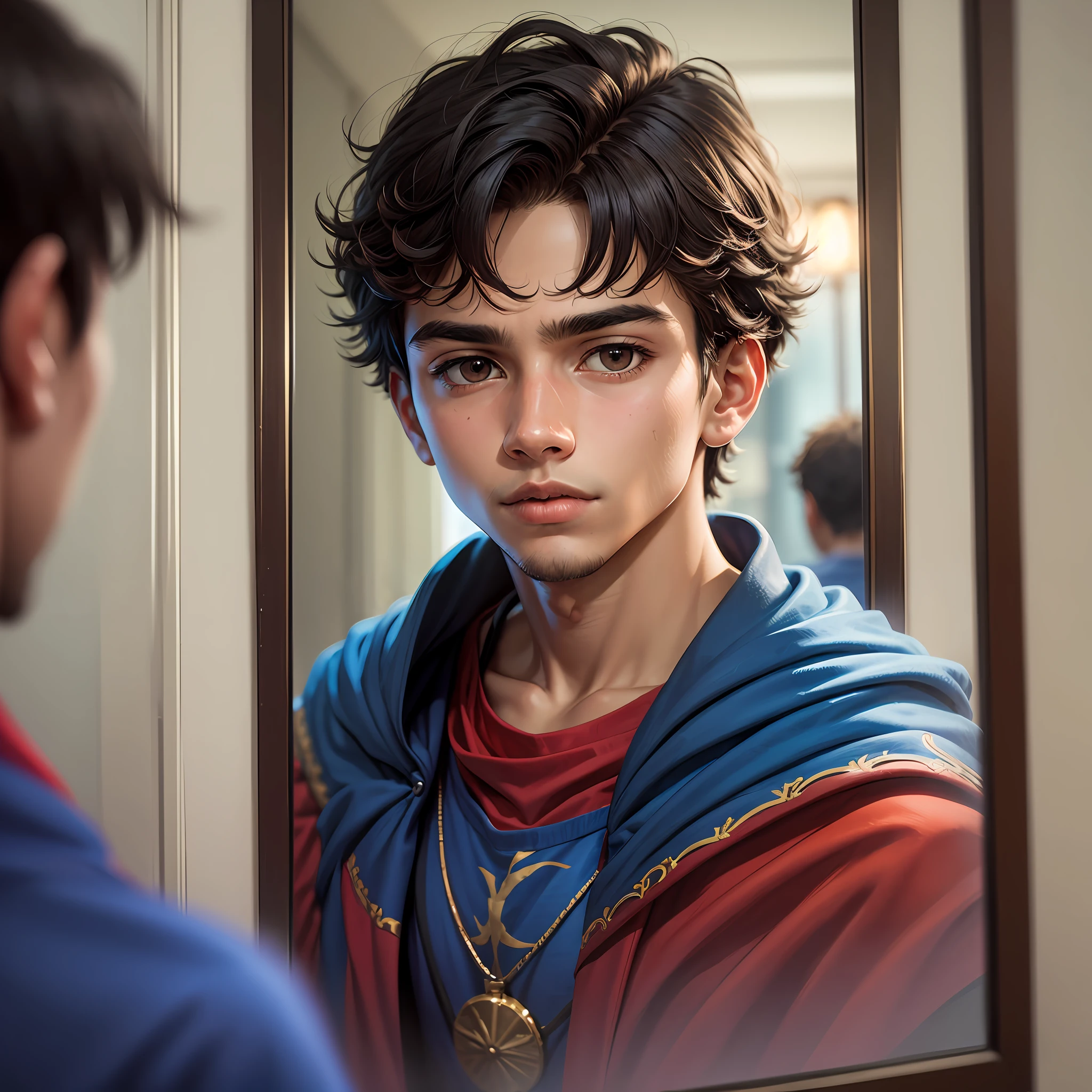 portrait of an young brazilian boy leaning againg a city of destroyer, clear facial features, cinematic, 35mm lens, f/1.8, accent lighting, global ilumination, blue shirt with red stripes. blue cape. ooking in the mirror --auto --s2