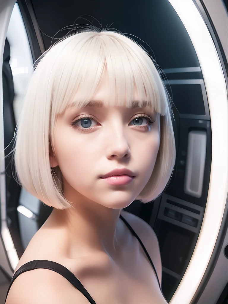 girl, caucasian, white hair, bob cut, bangs, grey eyes, big eyes, eyebrow piercing, smirking confidently, inside space ship, portrait