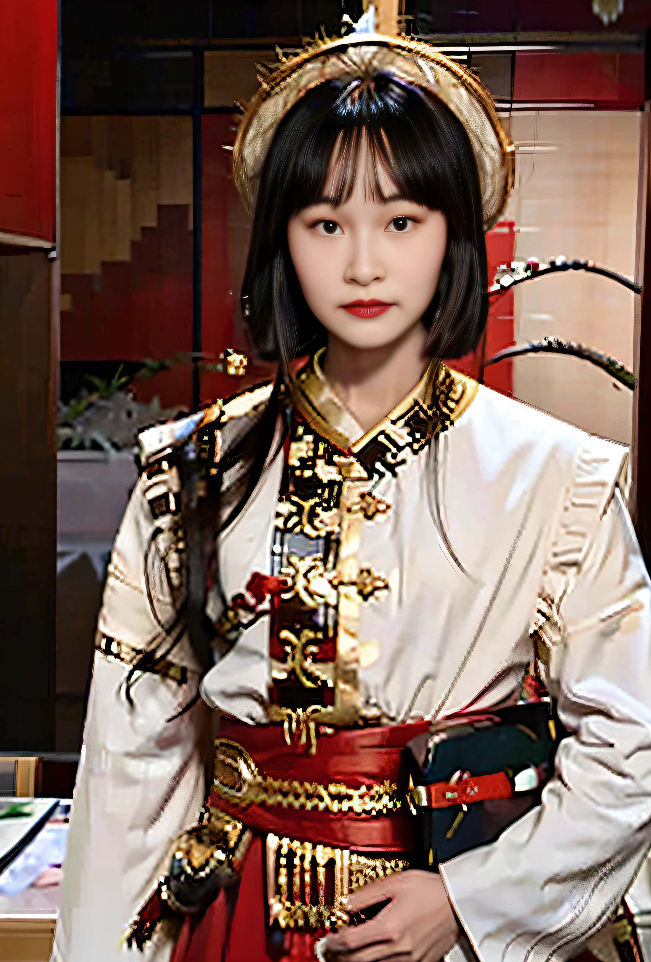 Best quality，masterpiece
face，upper_body， cowboy_shot，
Red and gold dress，Hanfu，Medium service，