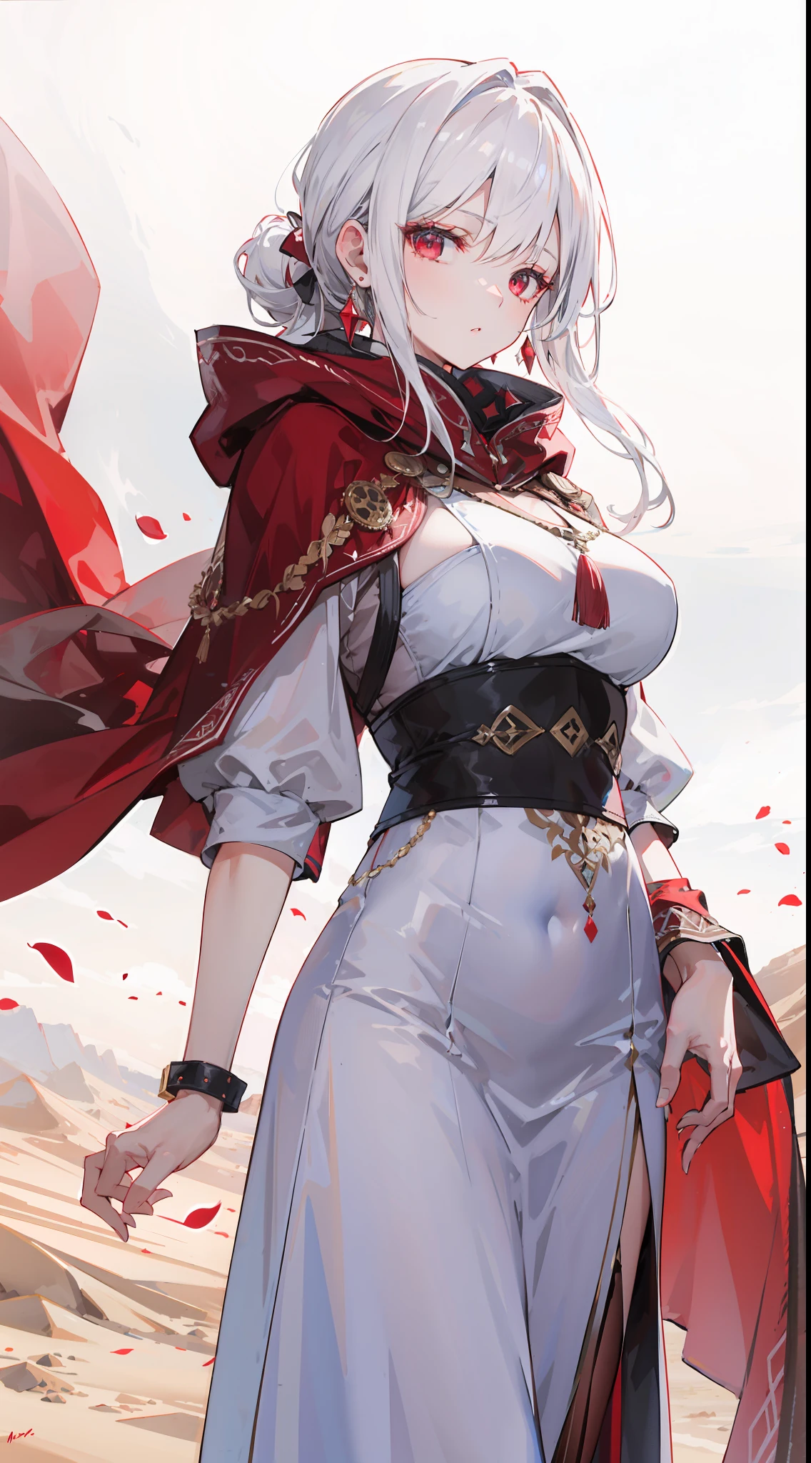 "Epic desert daylight atmosphere, stunning 4k artwork showcasing an elegant milf with her white hair tied up. Her deep red eyes pierce through the scene as she gracefully dons a white heroine cloak and hood in the midst of the vast desert."