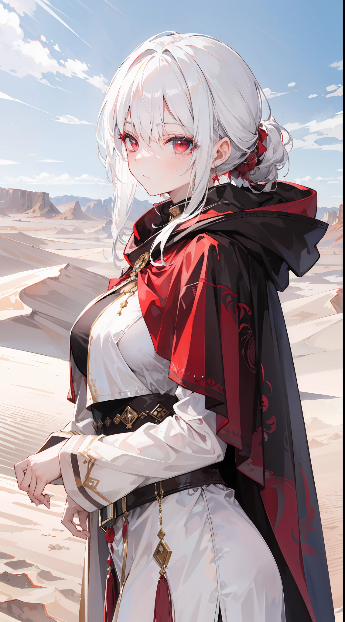 "Epic desert daylight atmosphere, stunning 4k artwork showcasing an elegant milf with her white hair tied up. Her deep red eyes pierce through the scene as she gracefully dons a white heroine cloak and hood in the midst of the vast desert."