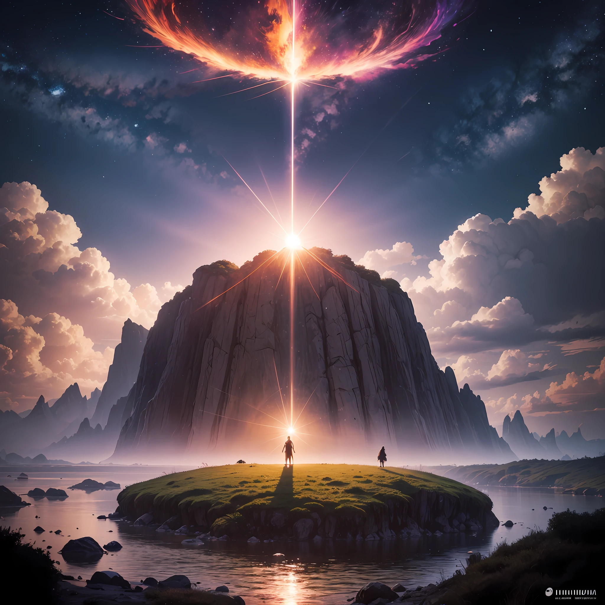 A beautiful land full of water and trees, Intrincado, obra-prima, especialista, insanamente detalhada, 4k, compositing, enquadramento, Centrado, simetria, grafity, Intrincado, volumeric lighting, Bela, rich work-πrima of deep colors, foco nítido, Ultra Detalhado, Nenhum estilo de Dan Mumford e Marc Simonetti, astrofotografia, an extremely strong white light coming from the sky in the center of the image, There is an enlightened person on a throne, --auto