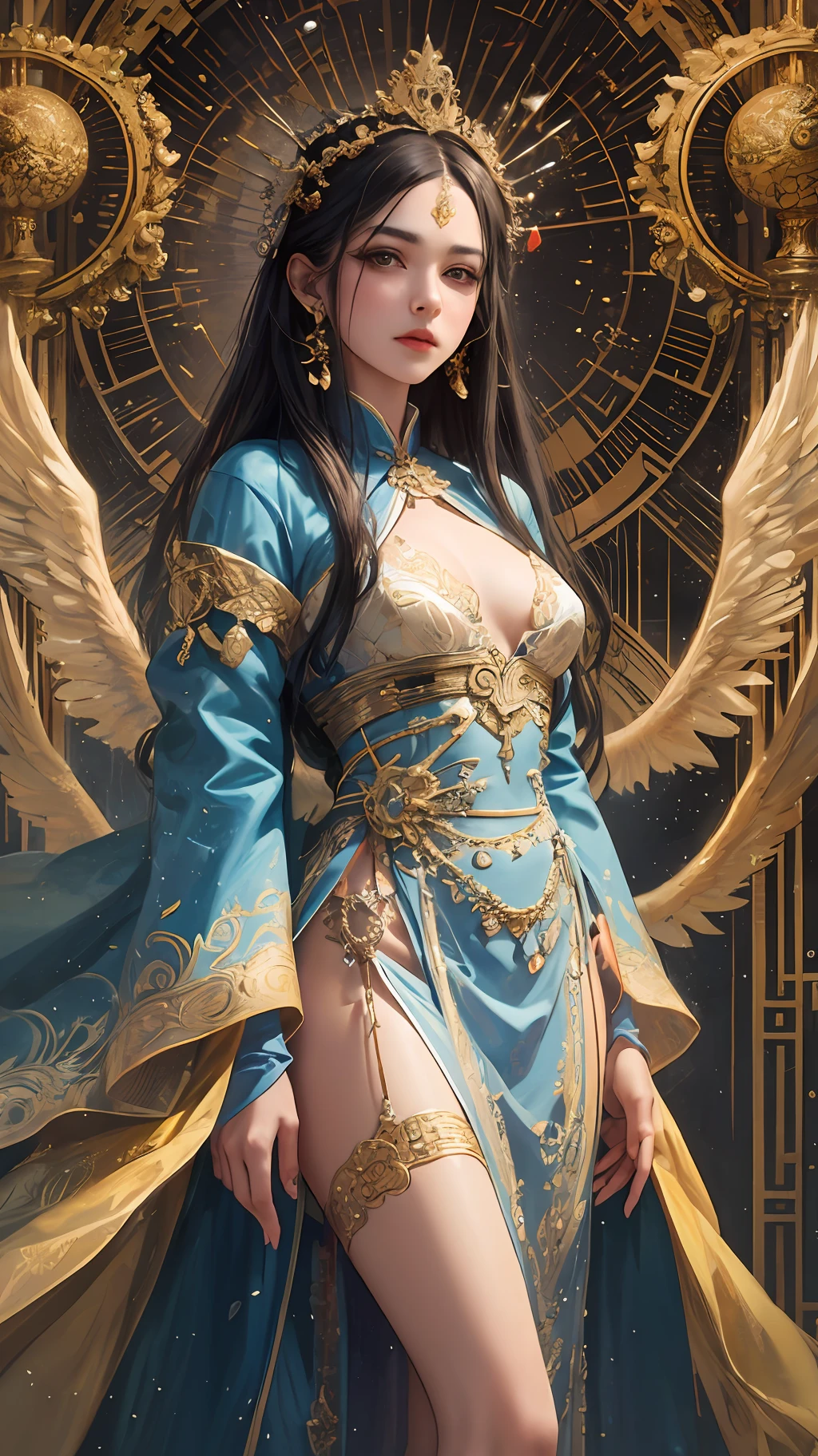 female emperor,Standing,Barefoot,Peerless looks,Domineering,Wearing exquisite imperial robes from ancient China, Majestic and domineering,Sharp eyes,,There are dragons and phoenixes,Perfect light, Clear face, perfect detail, perfect compositions, Detailed details, 8K,the complex background, perfect detail, 16k,detailed meticulous,delicated,Wu Zetian type,