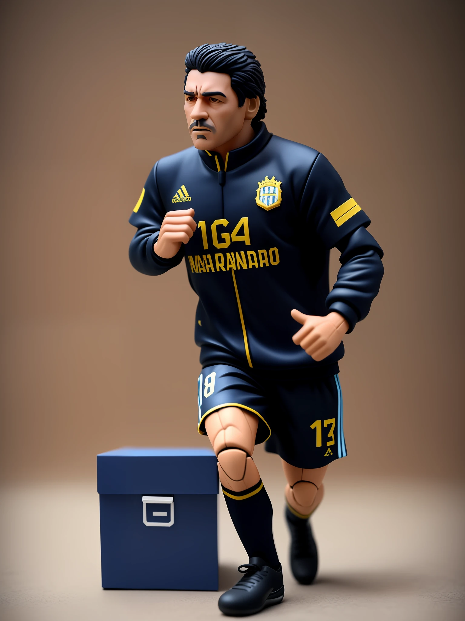 Diego Armando Maradona, action figure with accessories, action figure box design, taken with professional camera, hyper realistic photography, depth of field, 8K