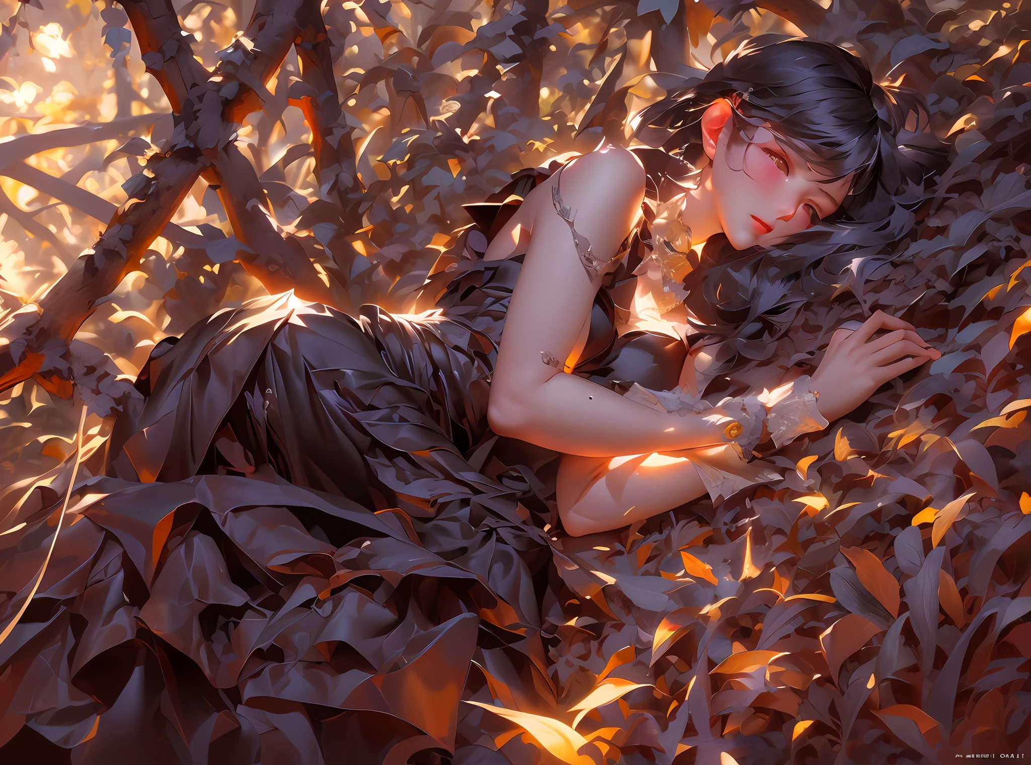 there is a woman laying on a tree with a black dress, artwork in the style of guweiz, guweiz, guweiz masterpiece, by Ye Xin, melancholic art, guweiz on pixiv artstation, by Yang J, guweiz on artstation pixiv, inspired by Zhang Xuan, in the art style of bowater,masterpiece, best quality, (extremely detailed CG unity 8k wallpaper), (best quality), (best illustration), (best shadow), absurdres, realistic lighting, (Abyss), beautiful detailed glow
