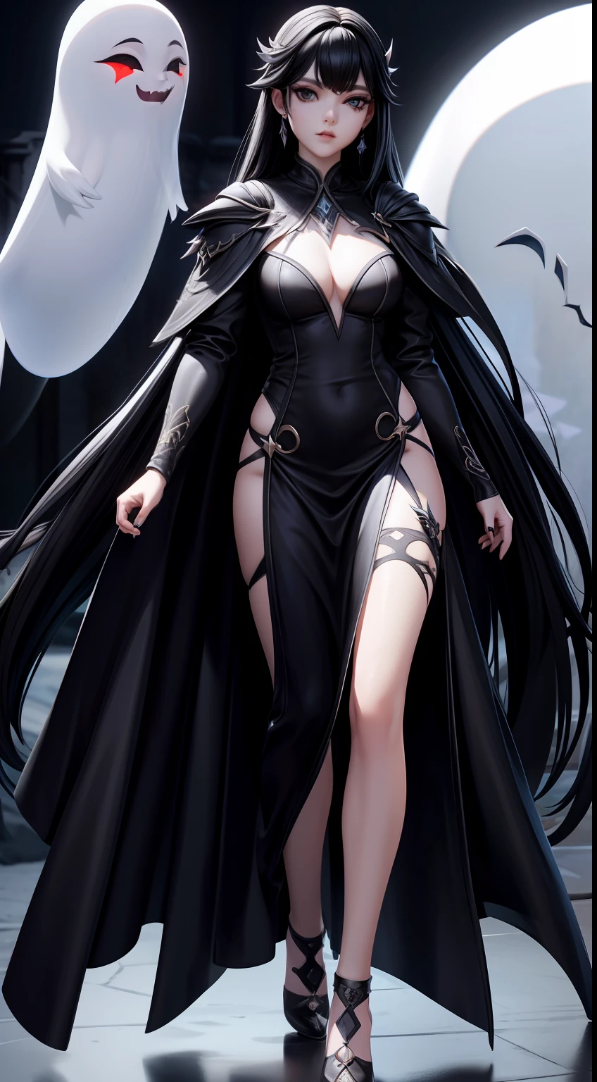 solo, super fine photo, full body photo picture Unreal Engine 5 8K UHD, beautiful girl, black hair, white thin dress, female ghost, banshee, black eyes with black tears, fantasy theme, fantasy design, beautiful make up, best quality, masterpiece, unified 8k wallpaper, super detailed, sharp focus